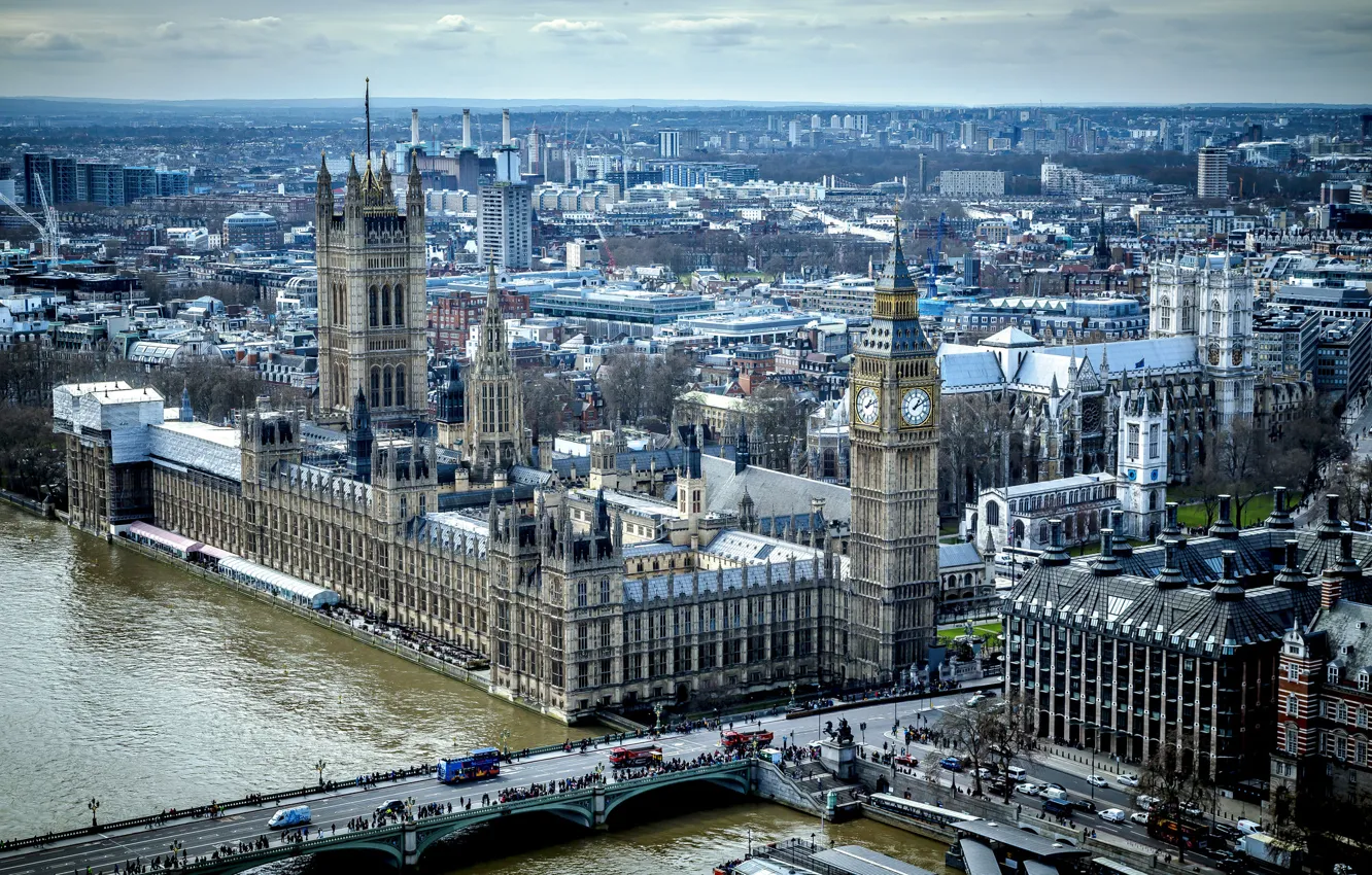 Фото обои мост, река, Англия, Лондон, башня, дома, панорама, Темза