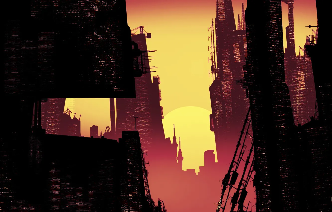 Фото обои Закат, Минимализм, Город, Арт, Sunset, Illustration, Concept Art, Cities
