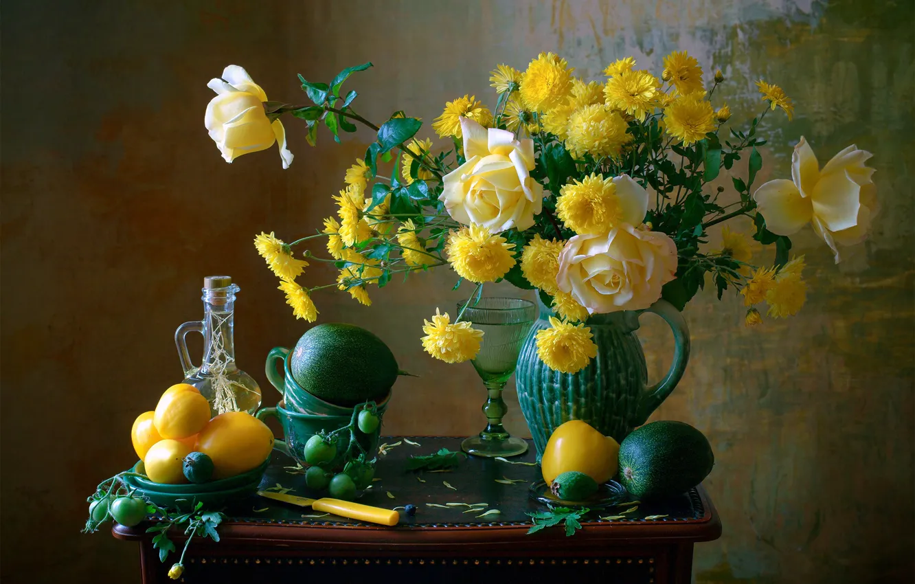 Фото обои цветы, стиль, розы, натюрморт, овощи, помидоры, хризантемы, Мила Миронова