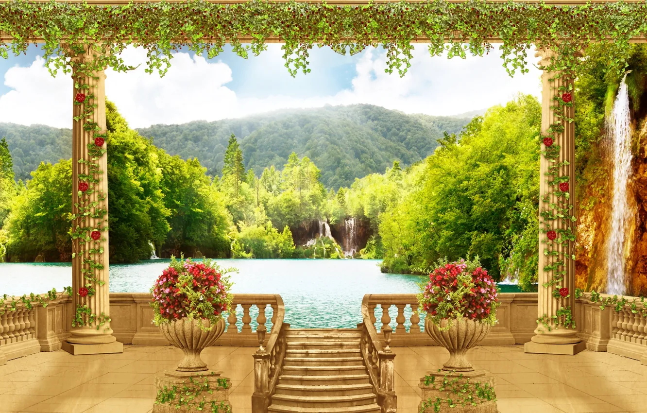 Фото обои море, цветы, водопад, колонны, терраса, вазоны