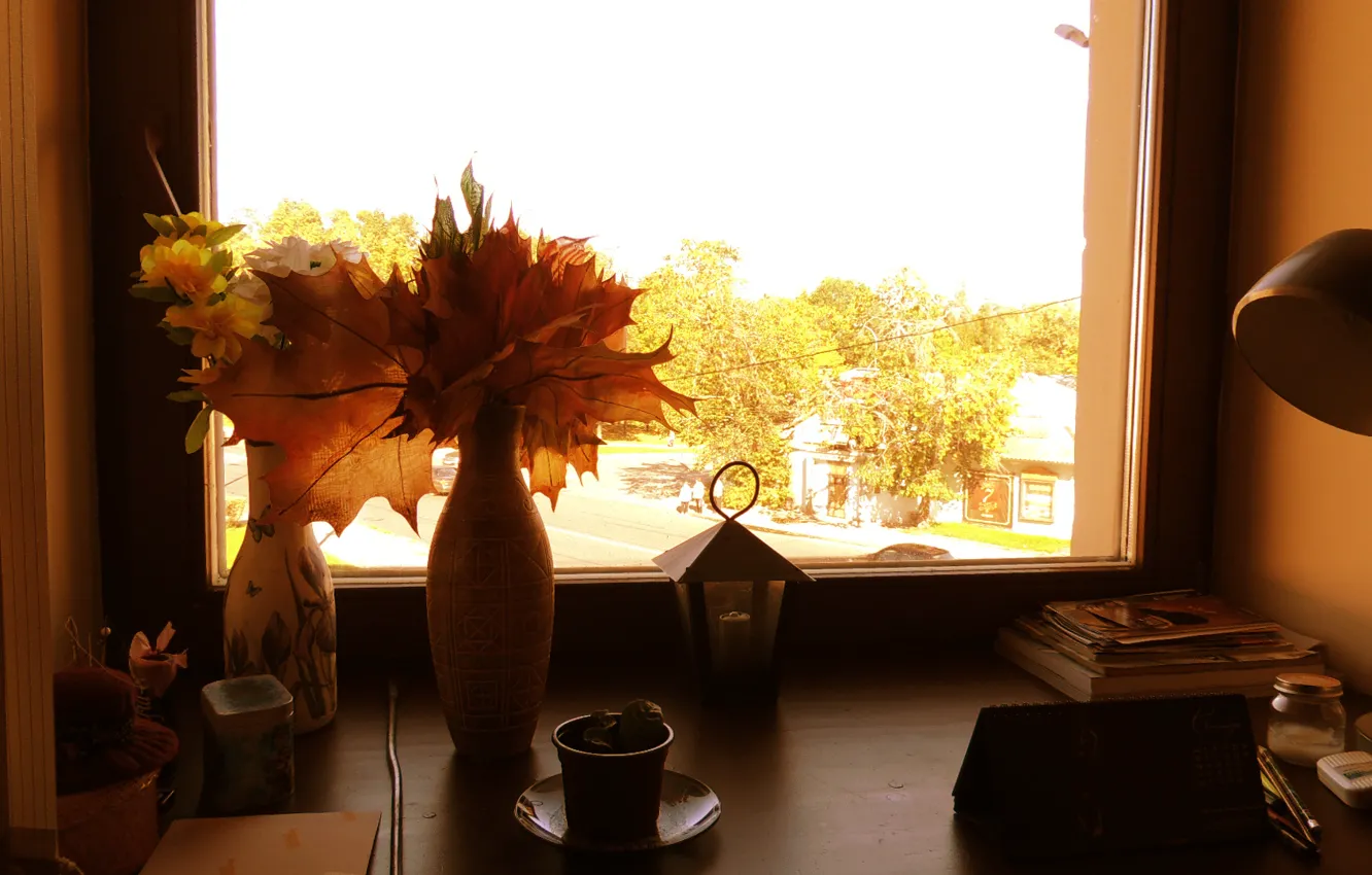Фото обои листья, Осень, окно, ваза