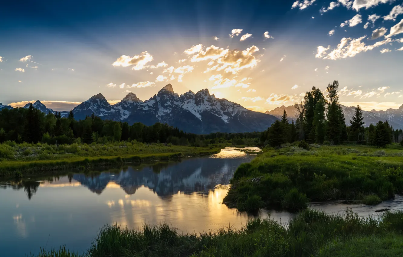 Фото обои горы, река, США, Grand Teton National Park