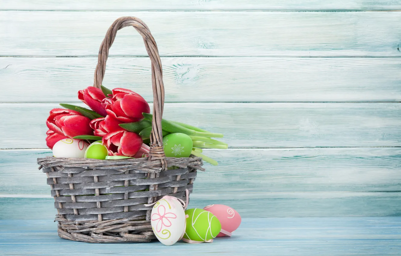 Фото обои цветы, яйца, весна, colorful, Пасха, тюльпаны, red, happy