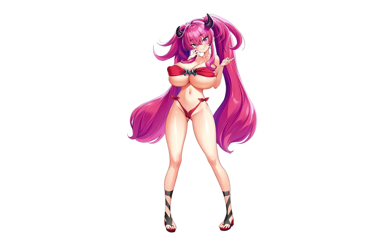 Фото обои girl, sexy, cleavage, pink hair, horns, long hair, legs, boobs