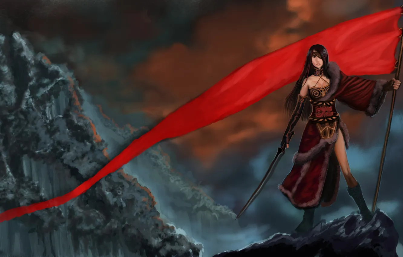 Фото обои небо, девушка, оружие, фантастика, скалы, меч, арт, красный флаг