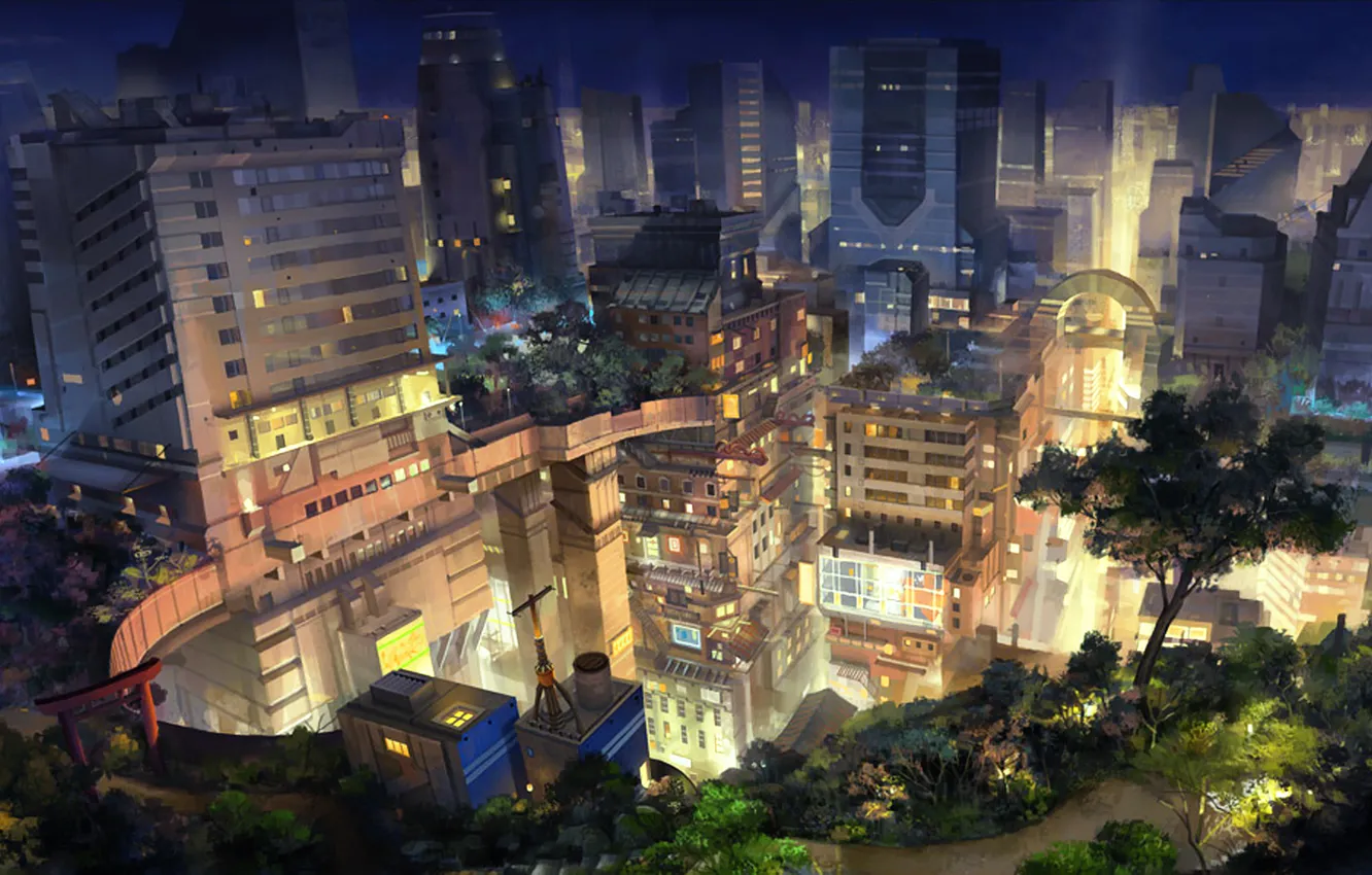 Фото обои свет, ночь, город, рисунок, небоскребы, ворота, Япония, арт