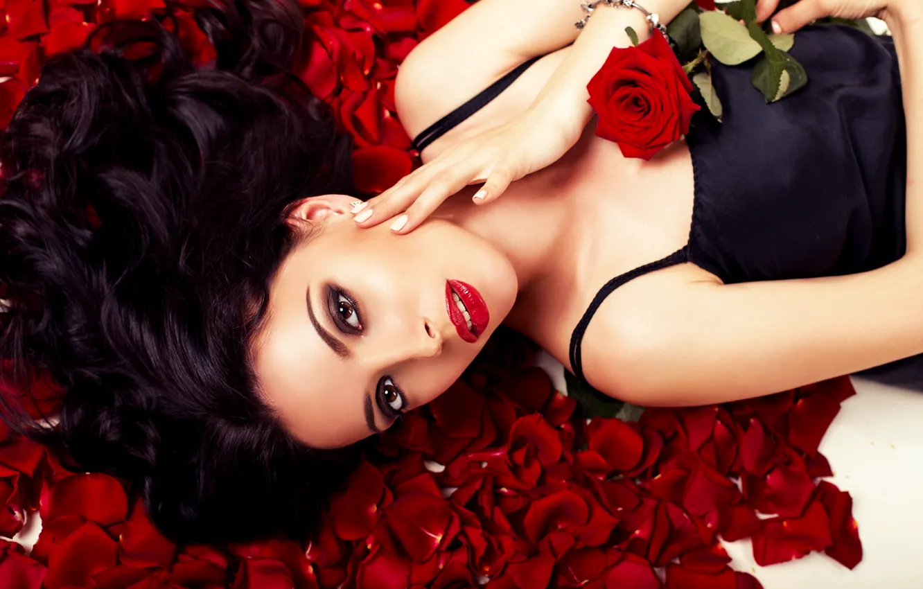 Фото обои девушка, роза, макияж, girl, rose, makeup, floral petals, цветочные лепестки