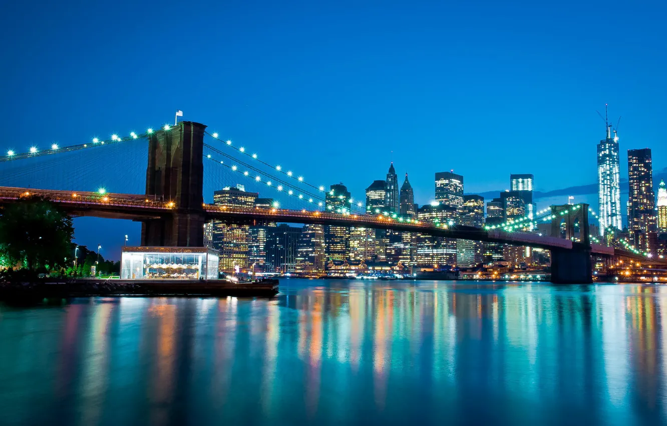 Фото обои мост, огни, река, дома, вечер, Manhattan, New York City, World Trade Center