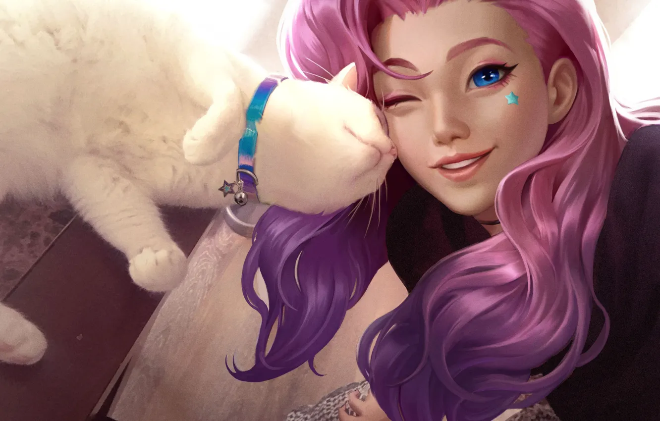 Фото обои cat, blue eyes, women, League of Legends, digital art, fan art, purple hair, video games