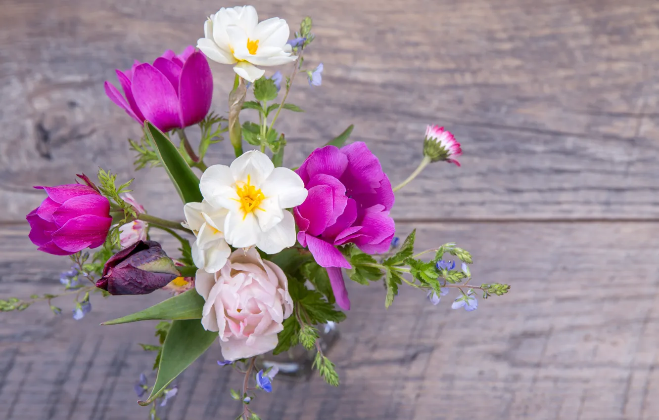 Фото обои цветы, букет, весна, colorful, тюльпаны, бутоны, wood, pink