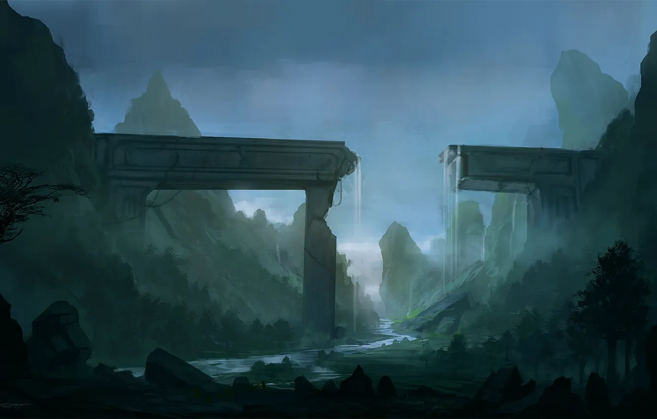 Фото обои пейзаж, горы, мост, река, скалы, водопад, сооружение, арт