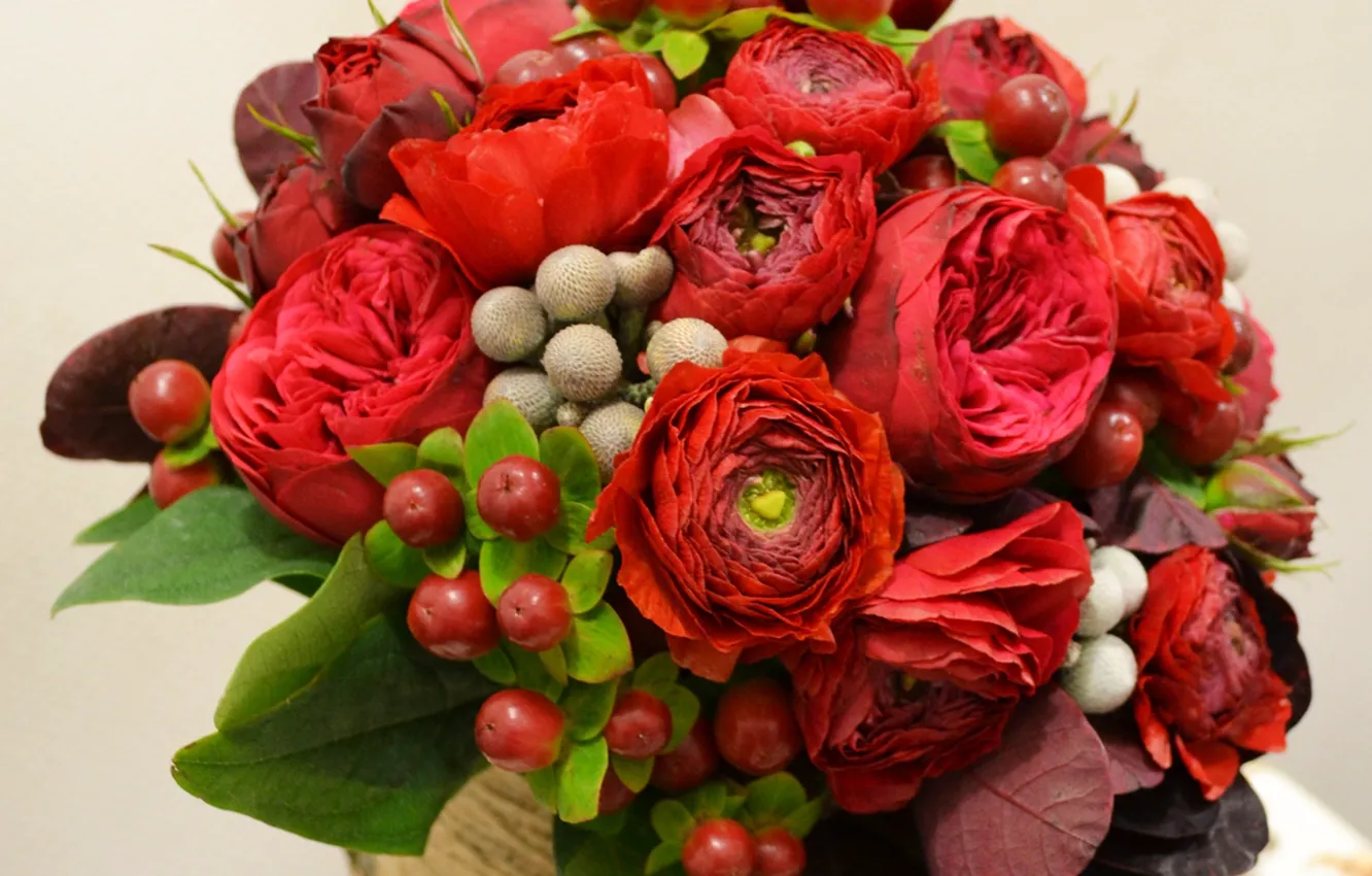 Фото обои цветы, красный, ягоды, букет, свадьба