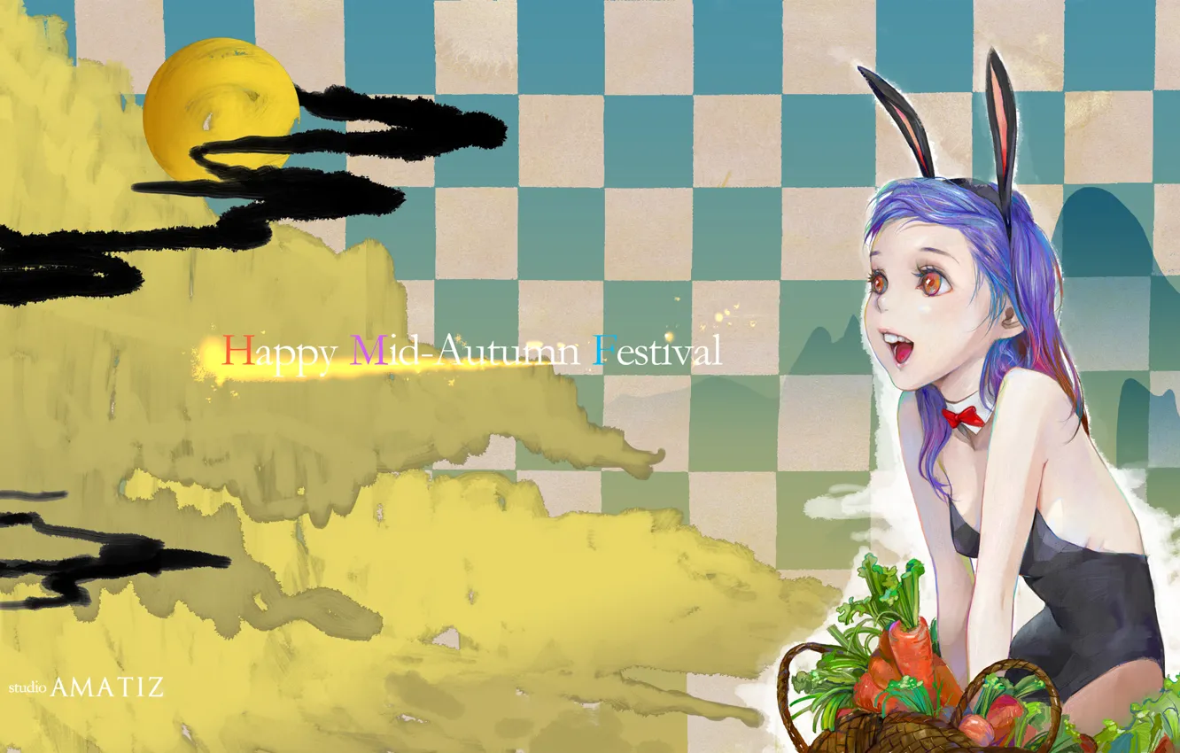 Фото обои девушка, луна, кролик, красные глаза, ушки, морковь, праздники, Happy Mid-Autumn Festival