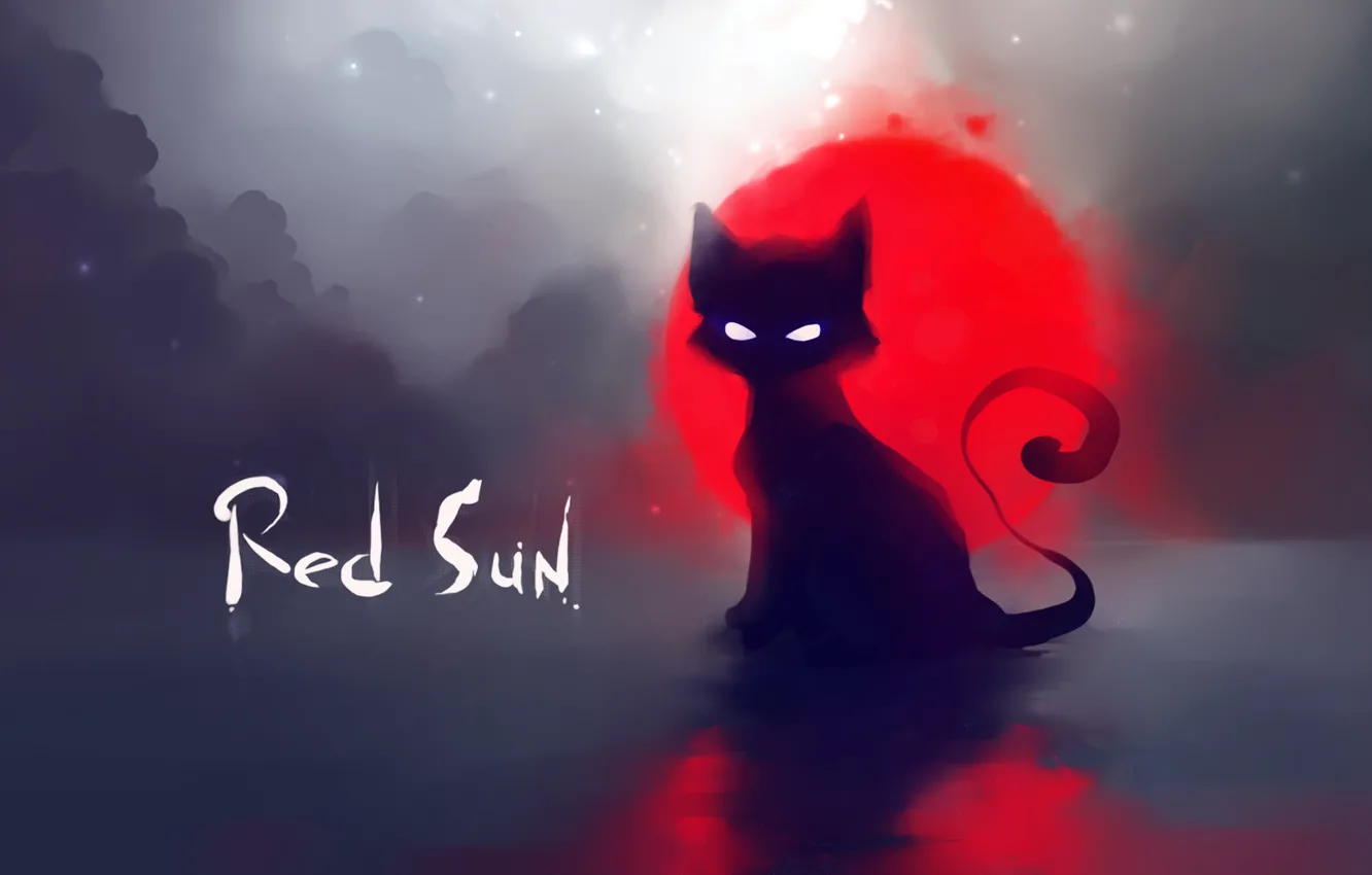 Фото обои кот, солнце, красное, deviantart, Apofiss