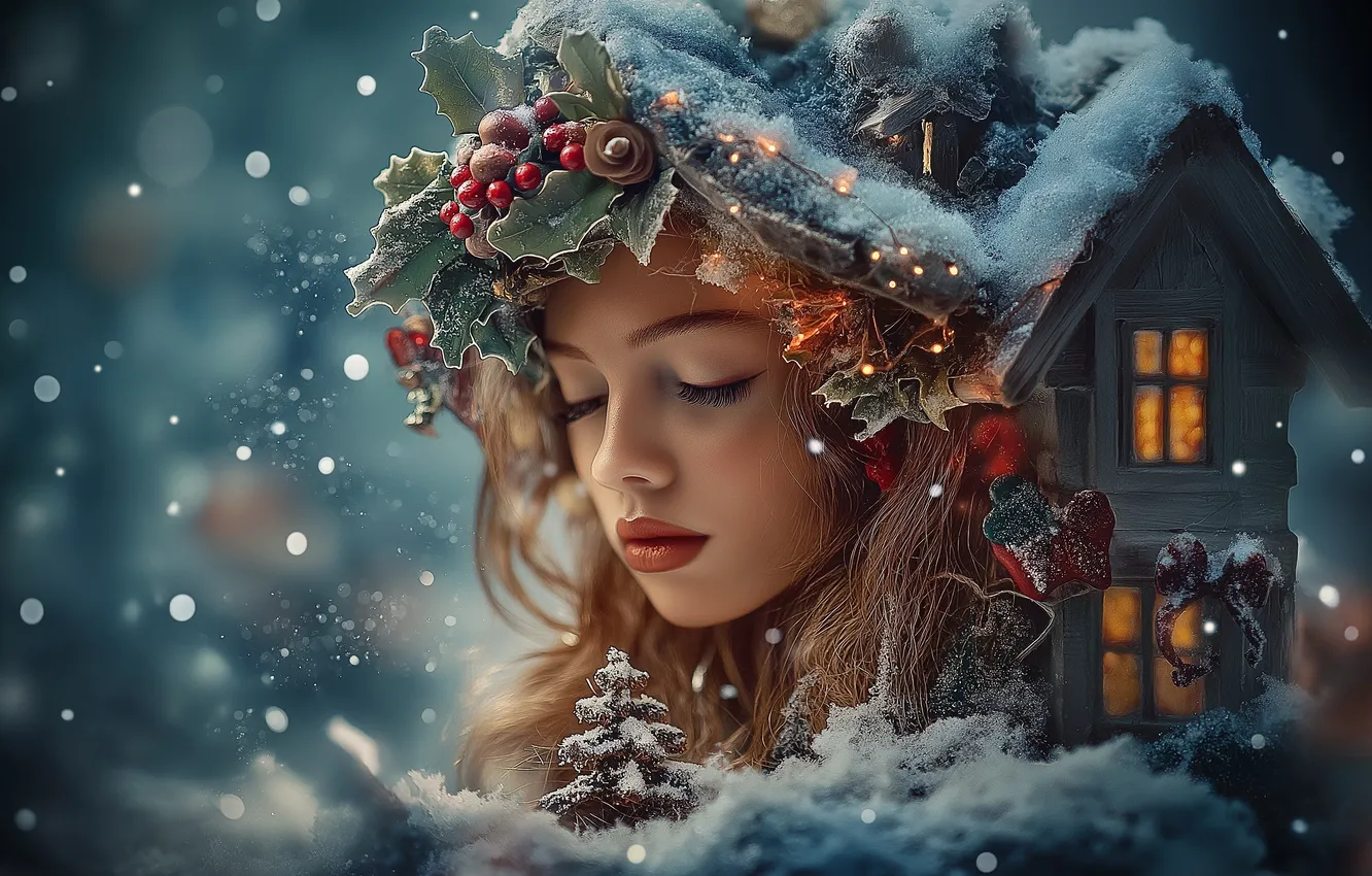 Фото обои снежинки, уют, ягоды, фантазия, магия, елка, fantasy, magic