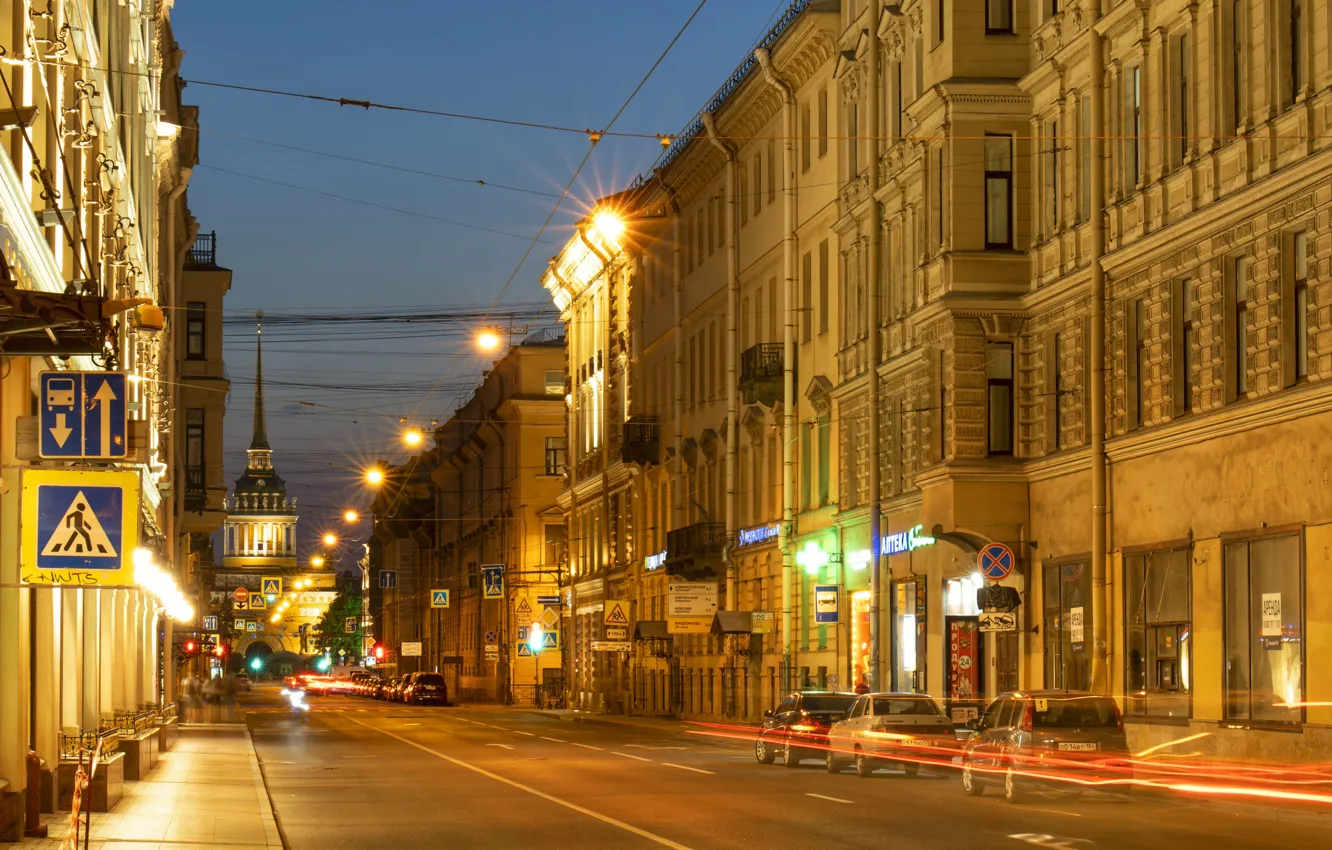 Фото обои ночь, огни, улица, Санкт-Петербург