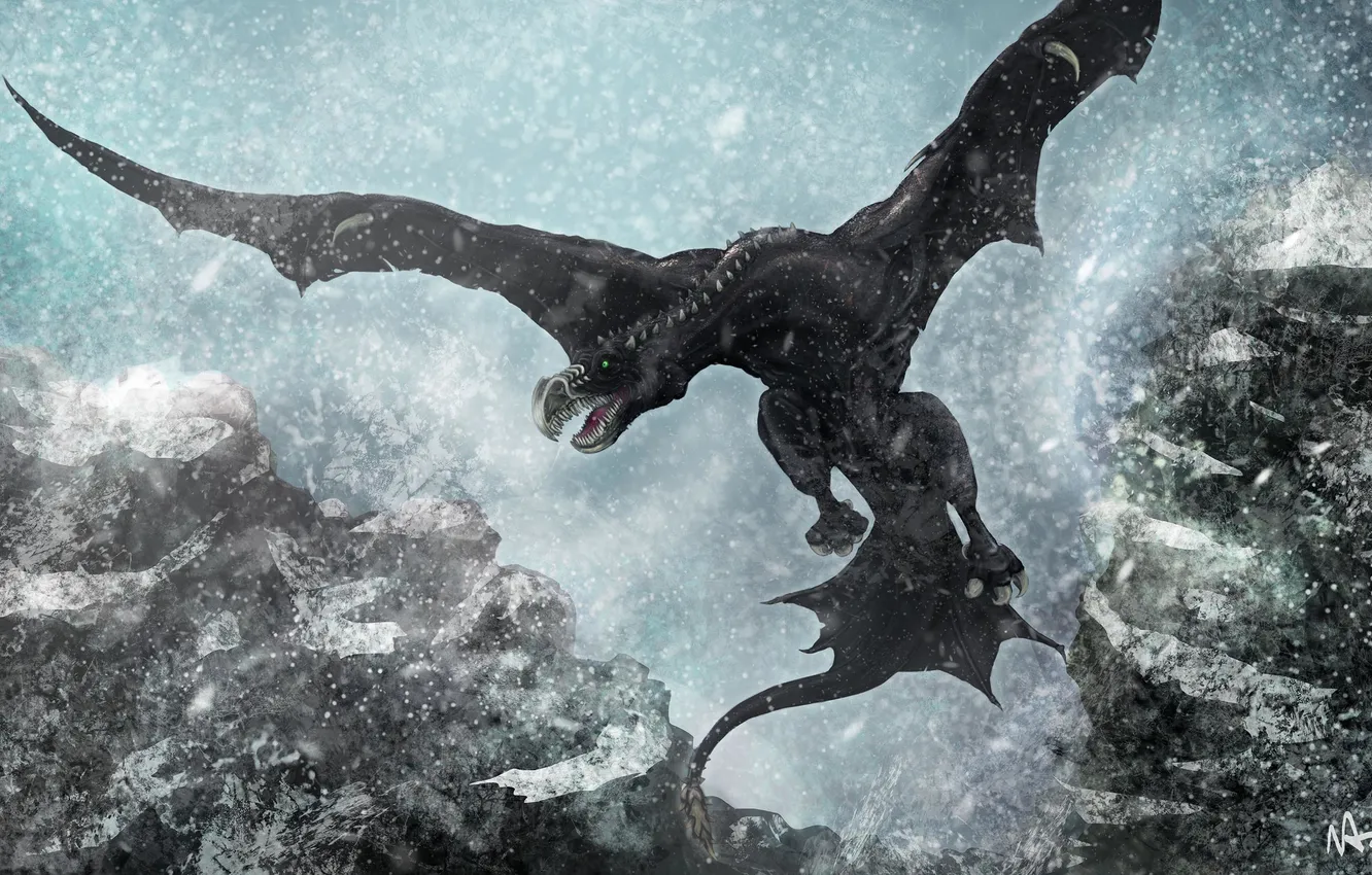 Фото обои снег, дракон, крылья, монстр, арт