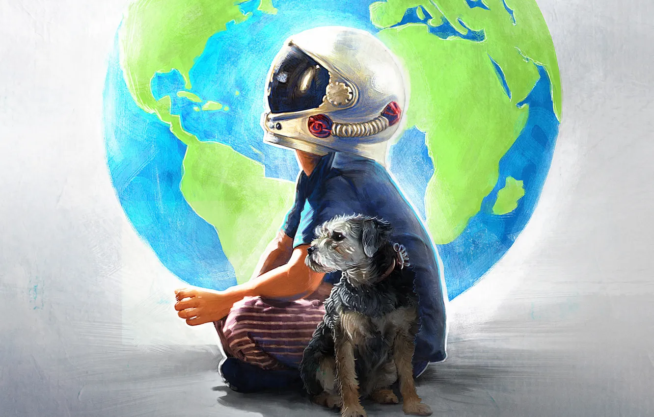 Фото обои собака, мальчик, арт, шлем, земной шар, постер, Чудо, драма
