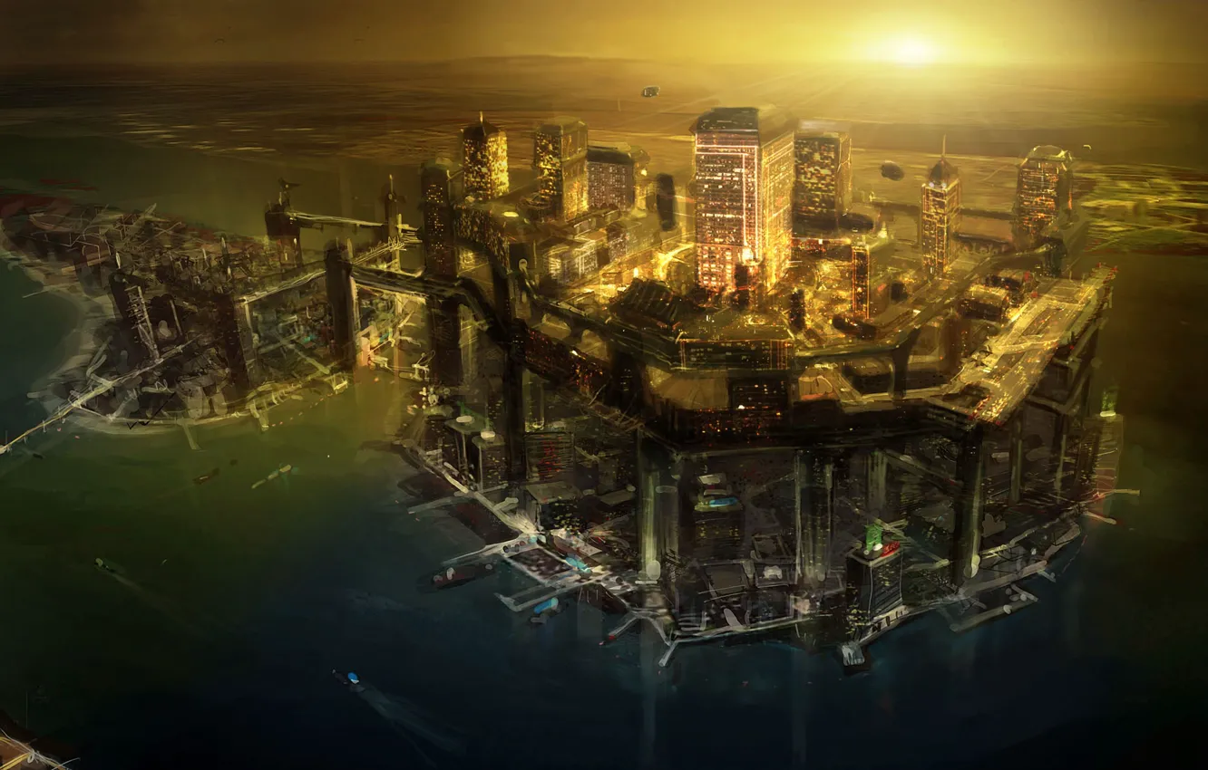 Фото обои закат, ночь, город, будущее, арт, Deus Ex 3