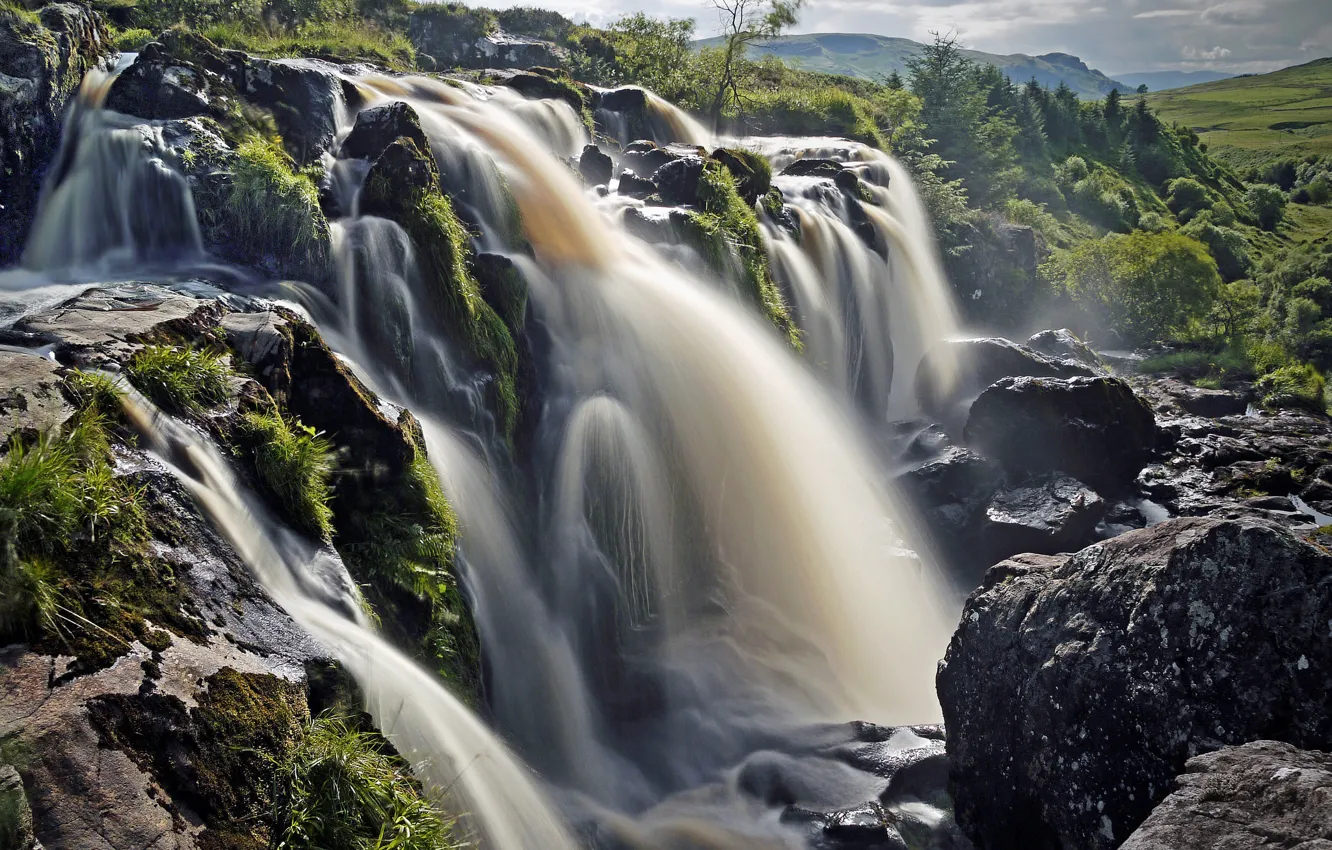 Фото обои камни, водопад, Шотландия, каскад, Scotland, Fintry, Финтри