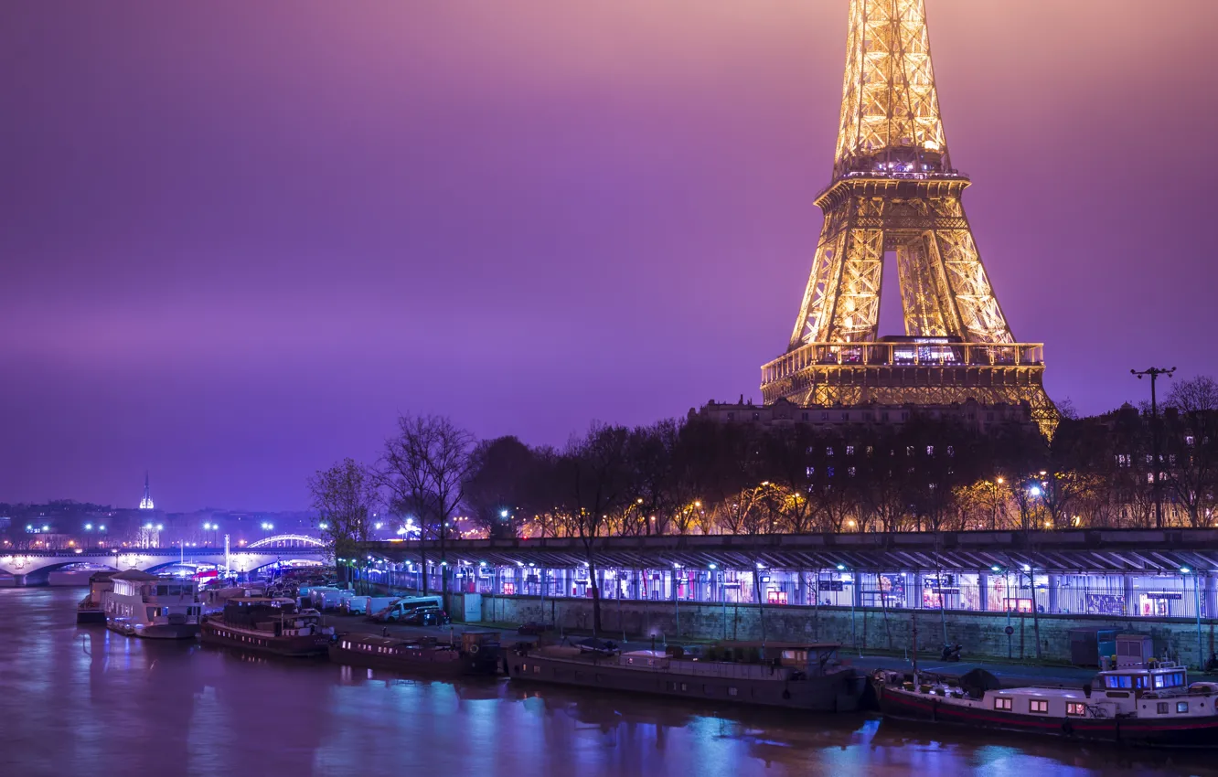 Фото обои ночь, Франция, катер, фонари, канал, Эйфелева башня, Coast, France