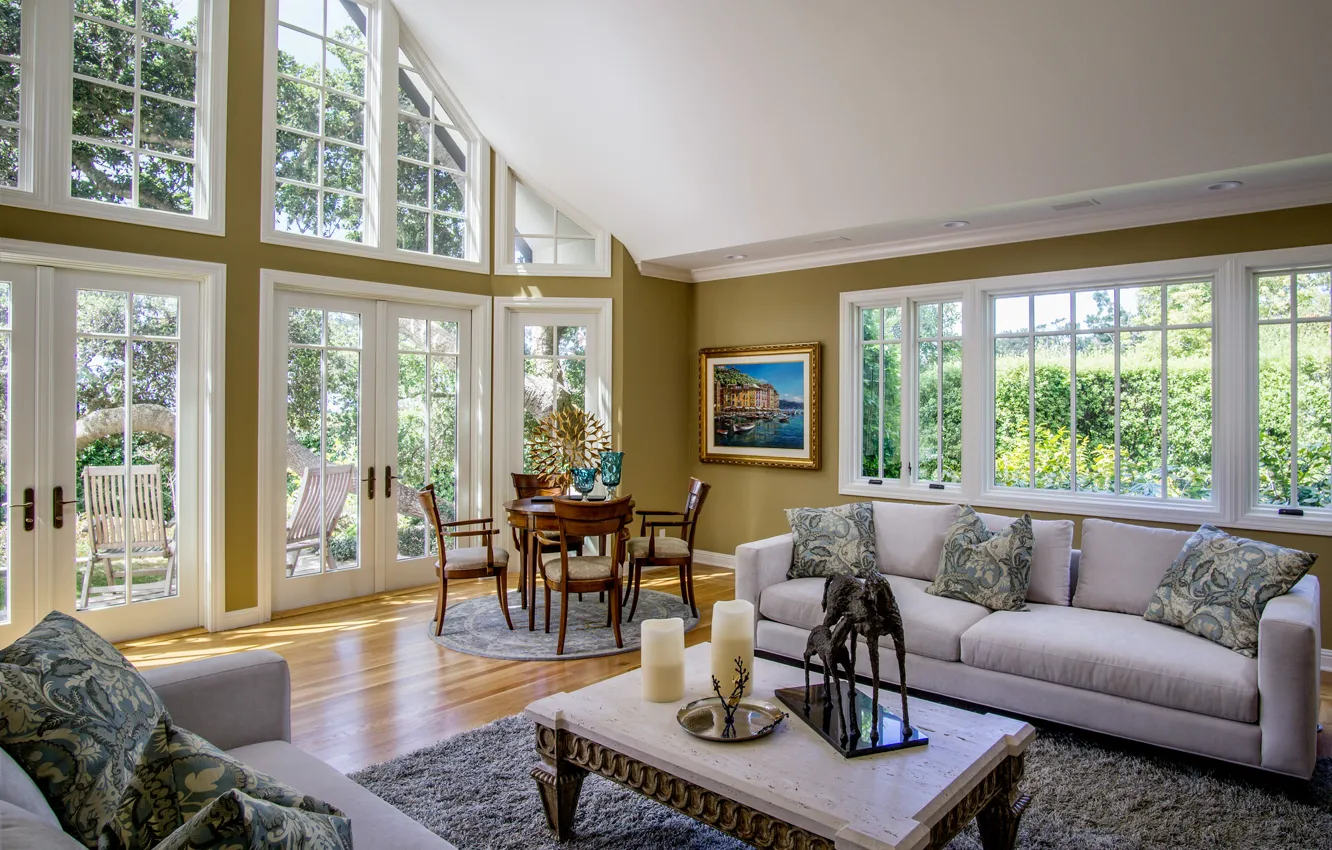 Фото обои дизайн, диван, окно, столик, гостиная, декор