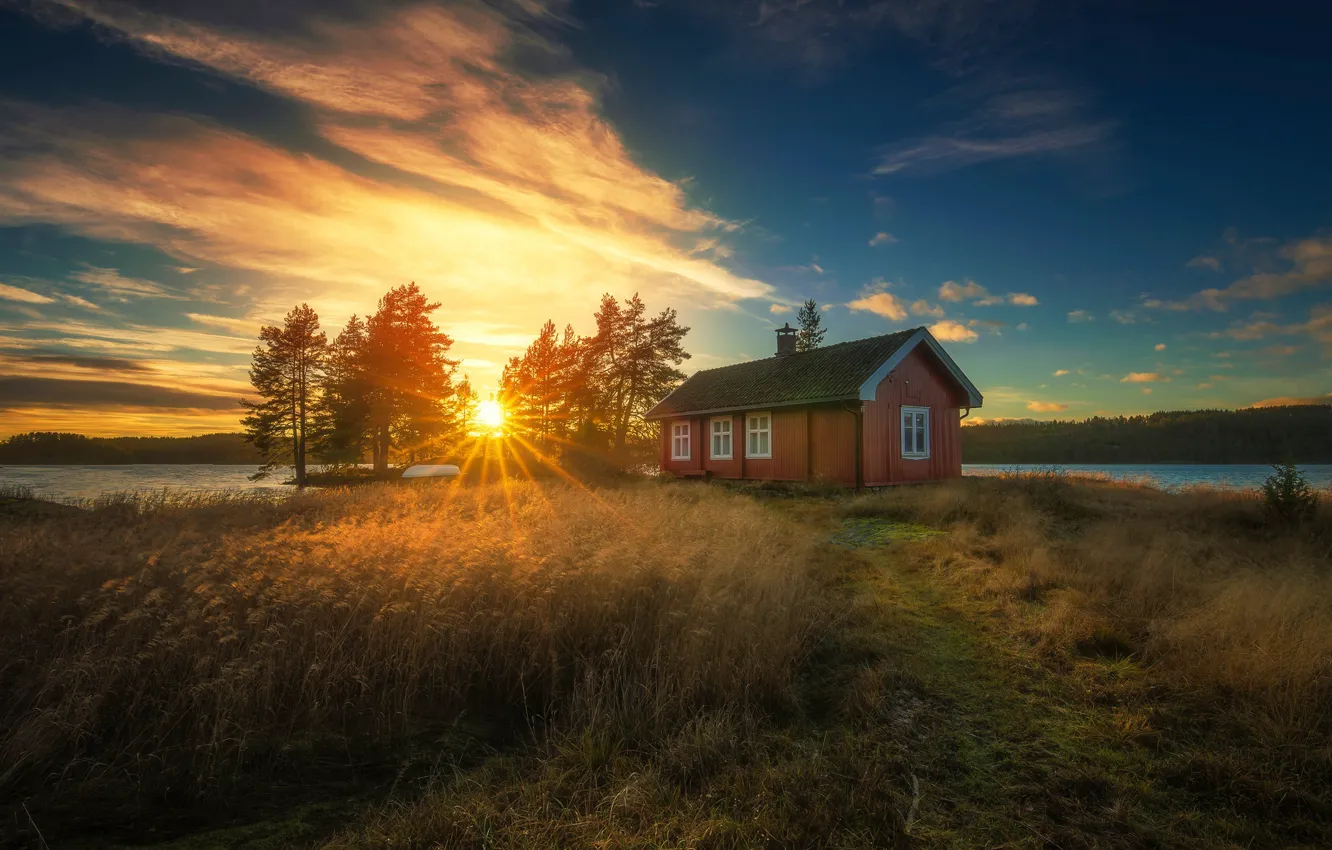 Фото обои лес, небо, солнце, лучи, озеро, дом, рассвет, Норвегия