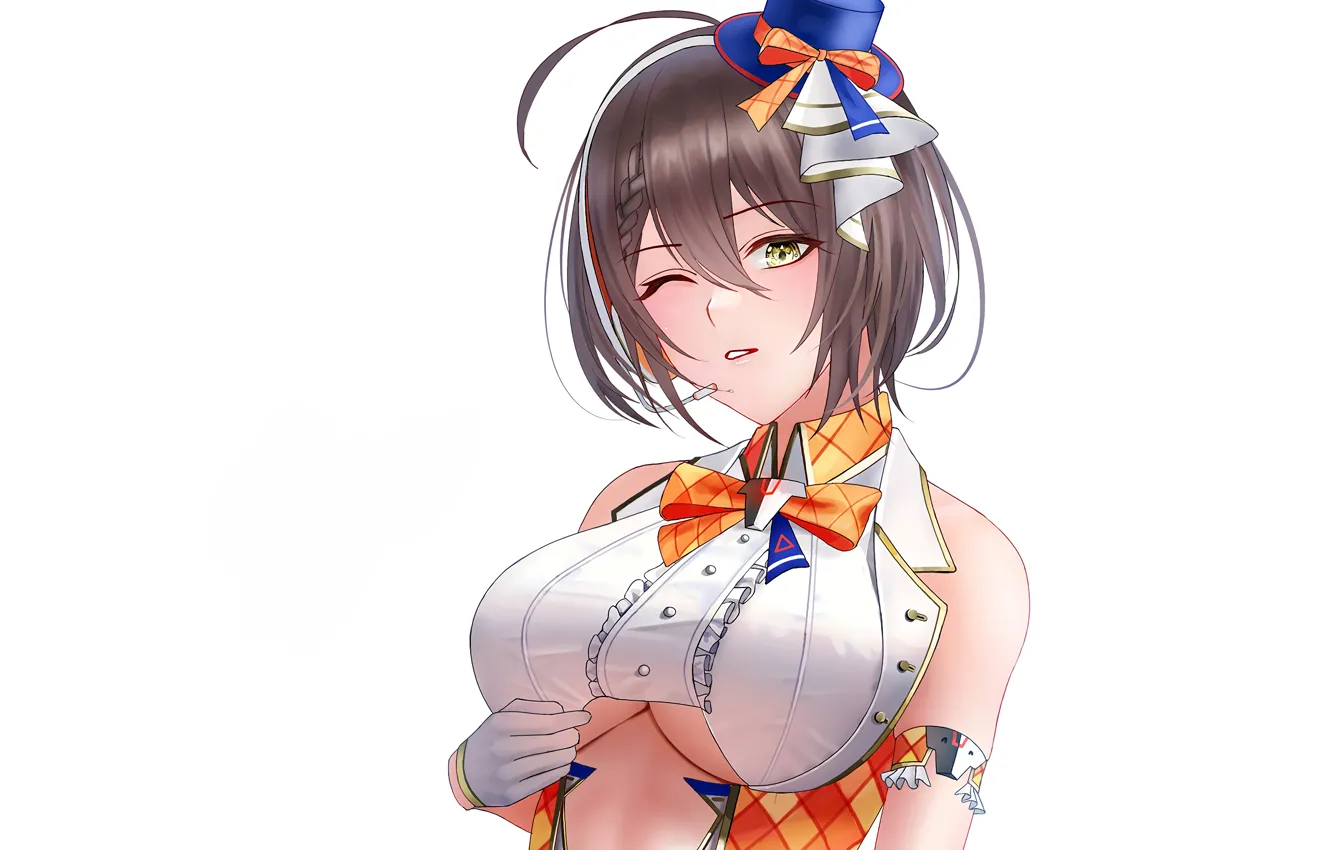 Фото обои girl, sexy, cleavage, brown hair, boobs, anime, beautiful, short hair