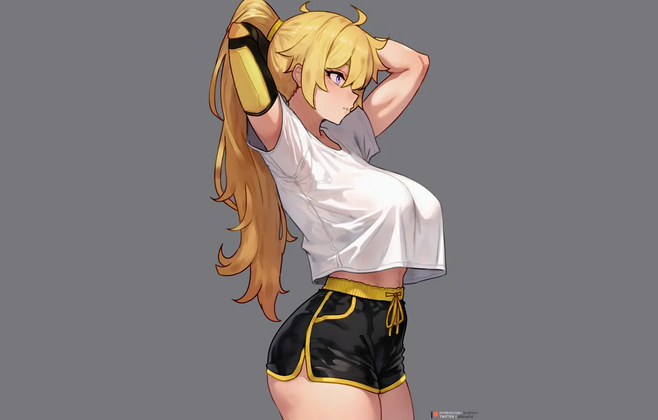 Фото обои long hair, ponytail, blonde, big boobs, thighs, belly button, white tops, hands above head