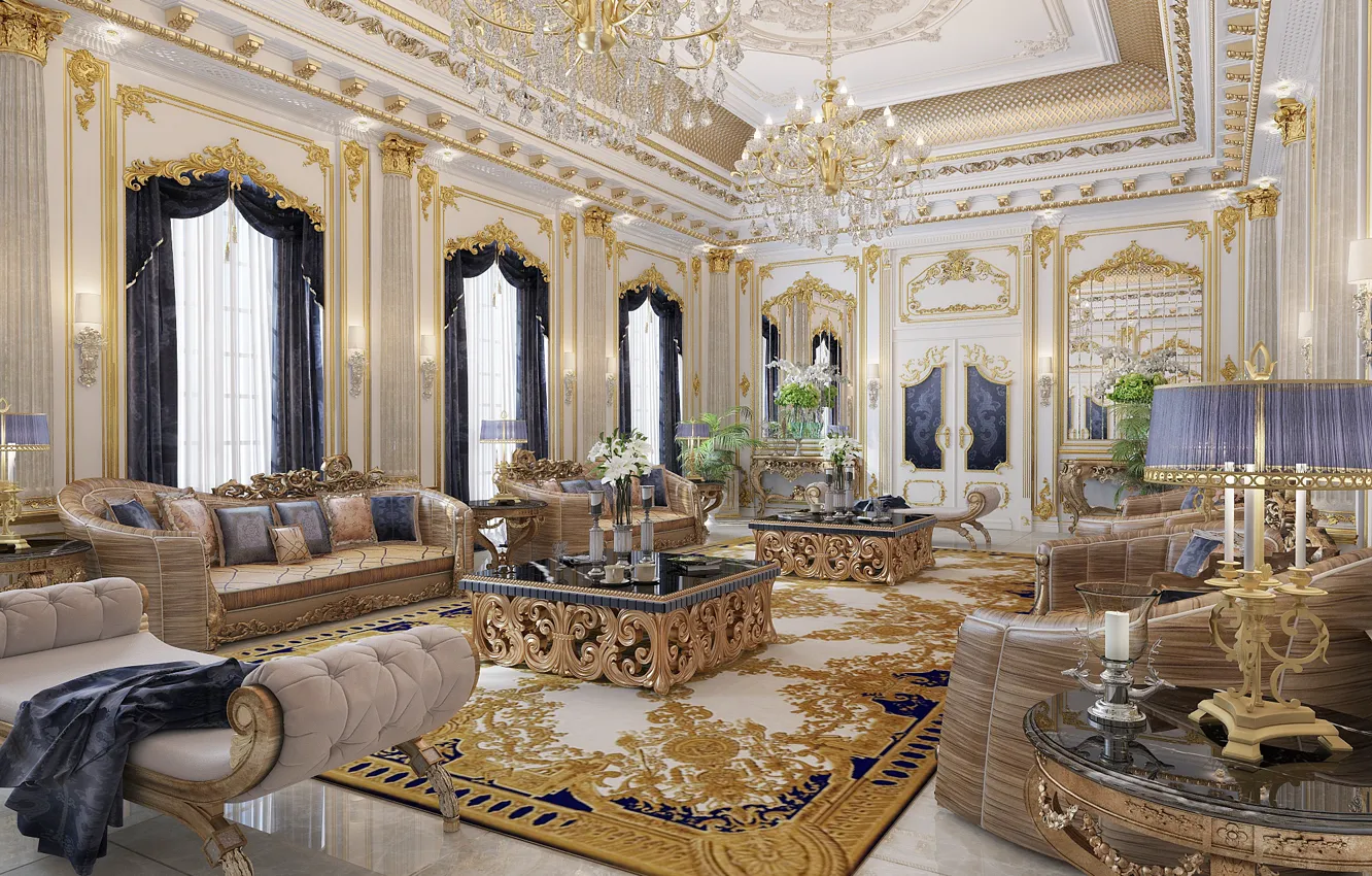 Фото обои дизайн, вилла, интерьер, кресла, роскошь, диваны, гостиная, люстры