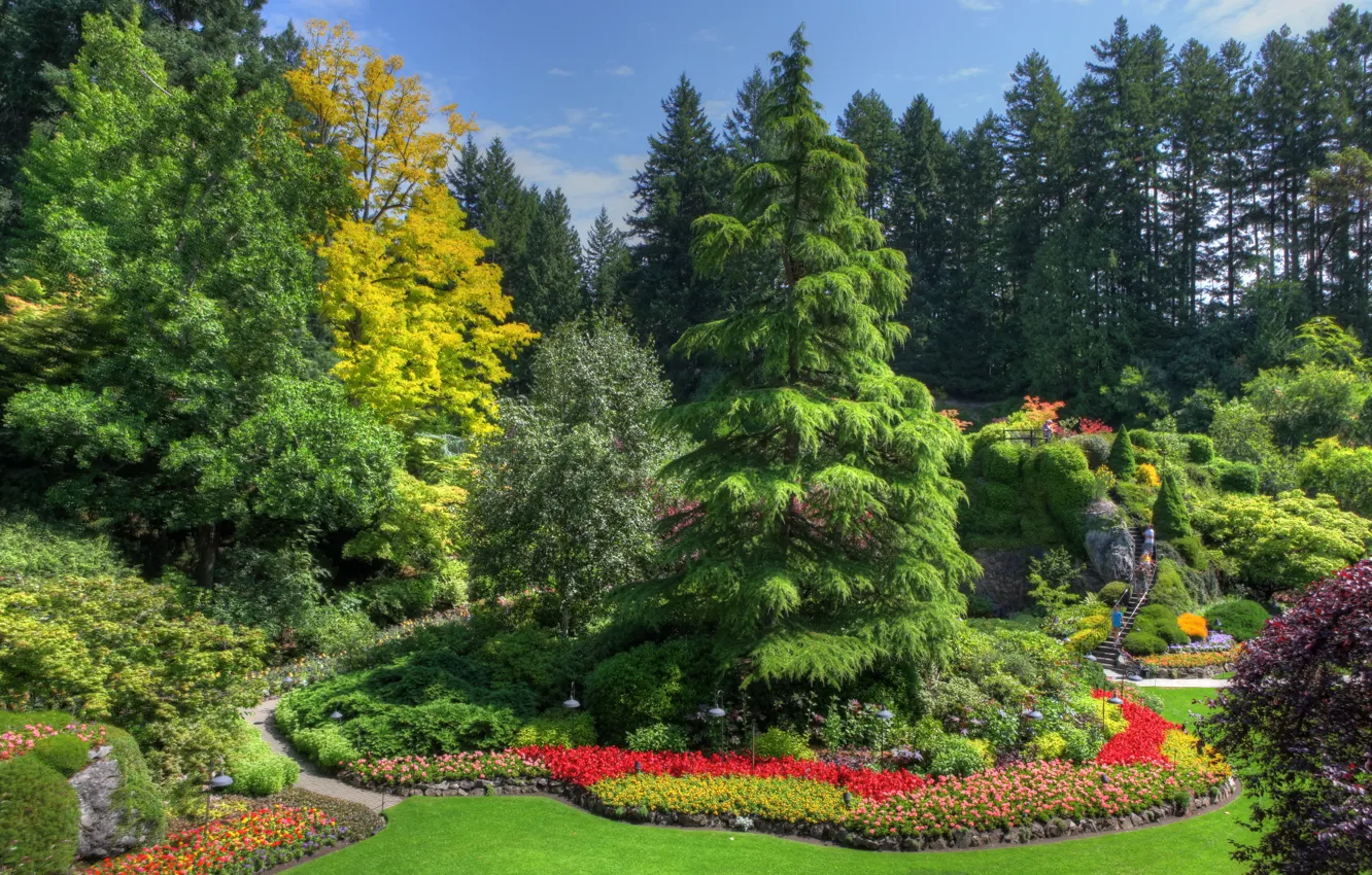 Фото обои зелень, деревья, цветы, камни, газон, сад, Канада, лестница