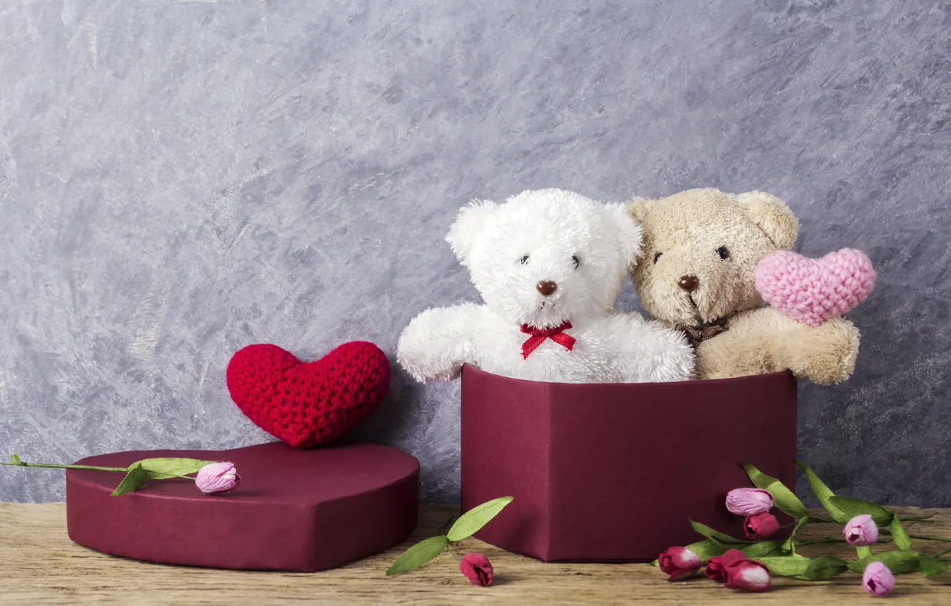 Фото обои любовь, цветы, подарок, игрушка, сердце, мишка, тюльпаны, love