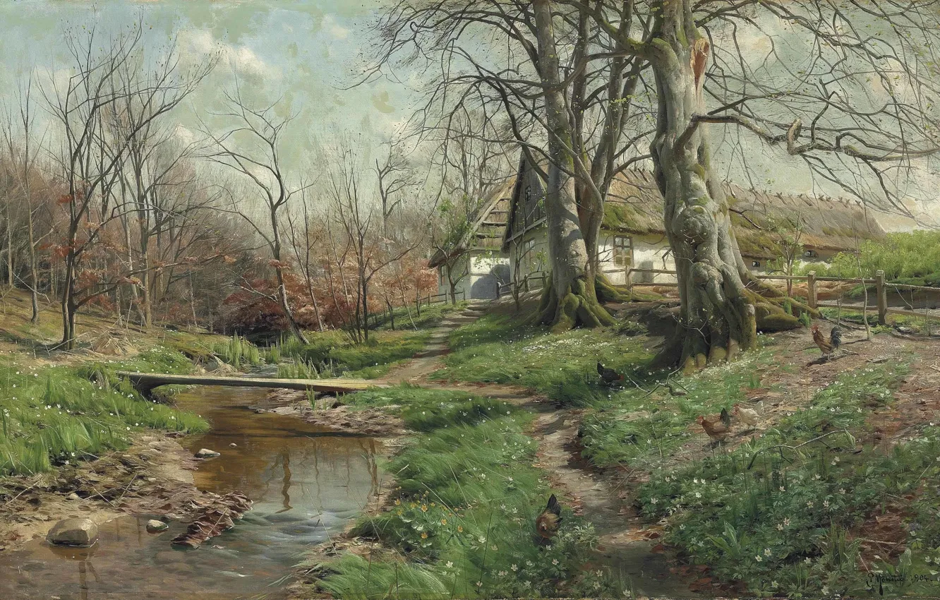 Фото обои датский живописец, 1904, Петер Мёрк Мёнстед, Peder Mørk Mønsted, Farmstead by a river, Усадьба у …