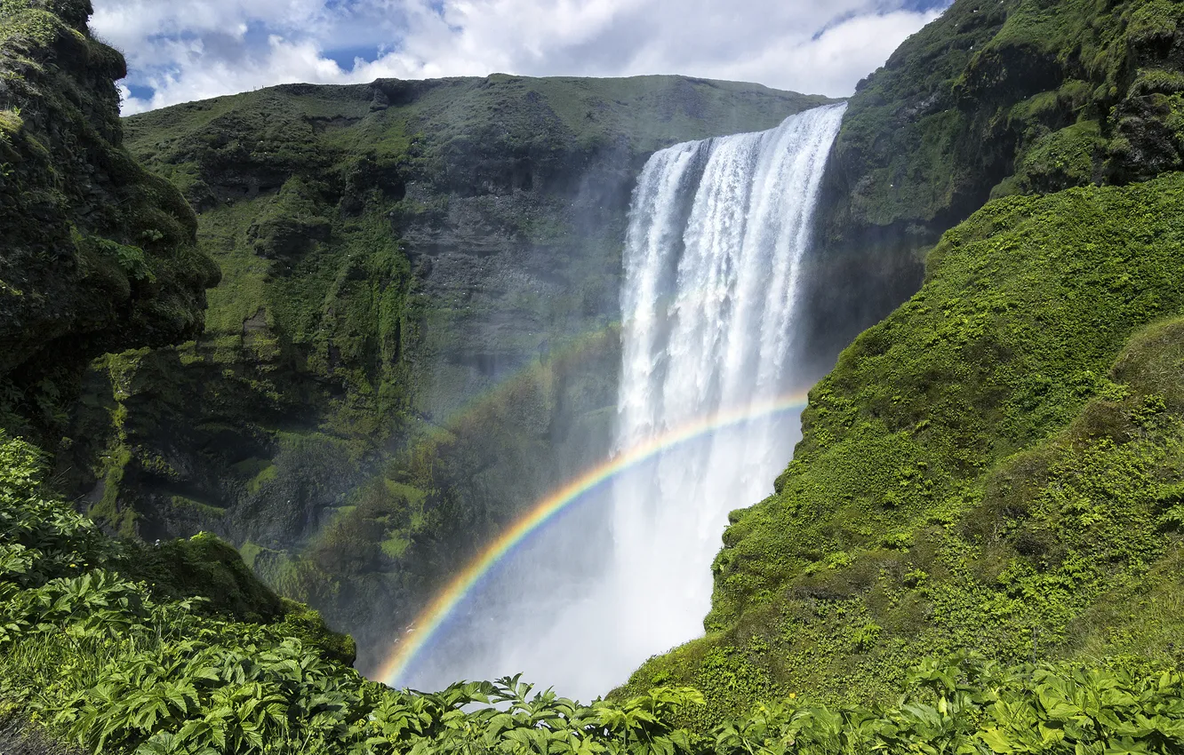 Фото обои скалы, радуга, Исландия, Iceland, Skogafoss, водопад Скоугафосс
