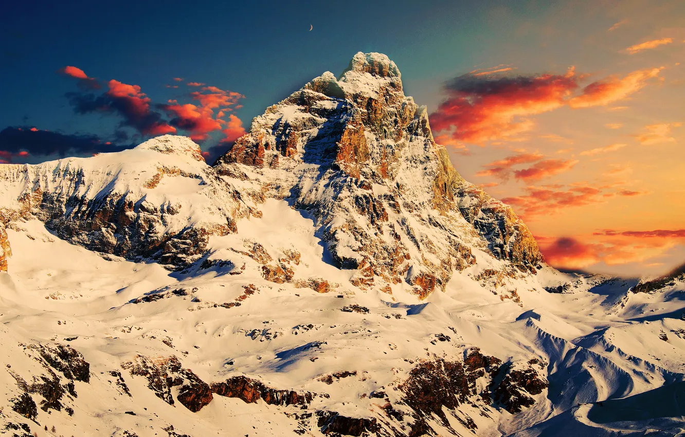 Фото обои снег, горы, рассвет, месяц