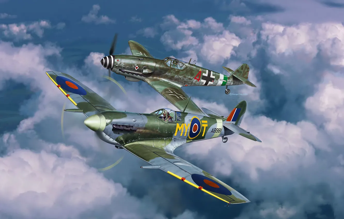 Фото обои Германия, истребитель, Великобритания, RAF, люфтваффе, Danijel Frka, Messerschmitt Bf 109, Bf 109G-10 & Spitfire Mk.V