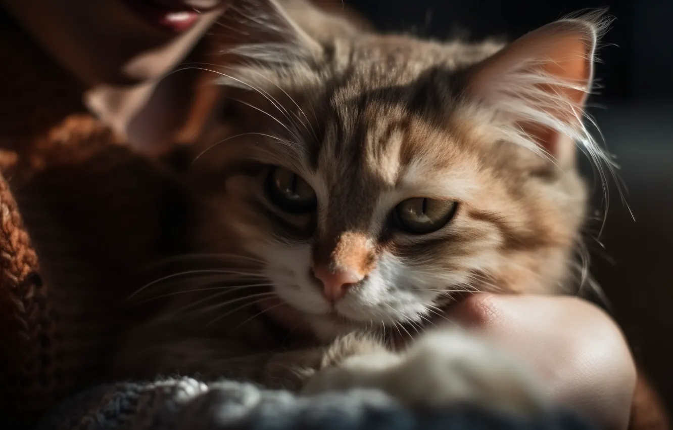 Фото обои кошка, кот, взгляд, девушка, свет, рука, портрет, арт