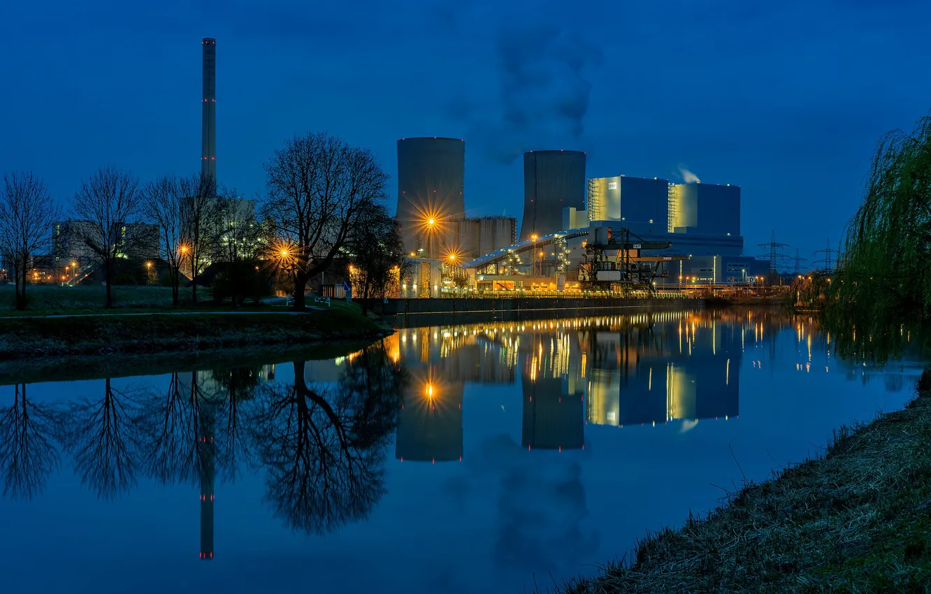 Фото обои ночь, огни, Германия, канал, Хамм, атомная электростанция