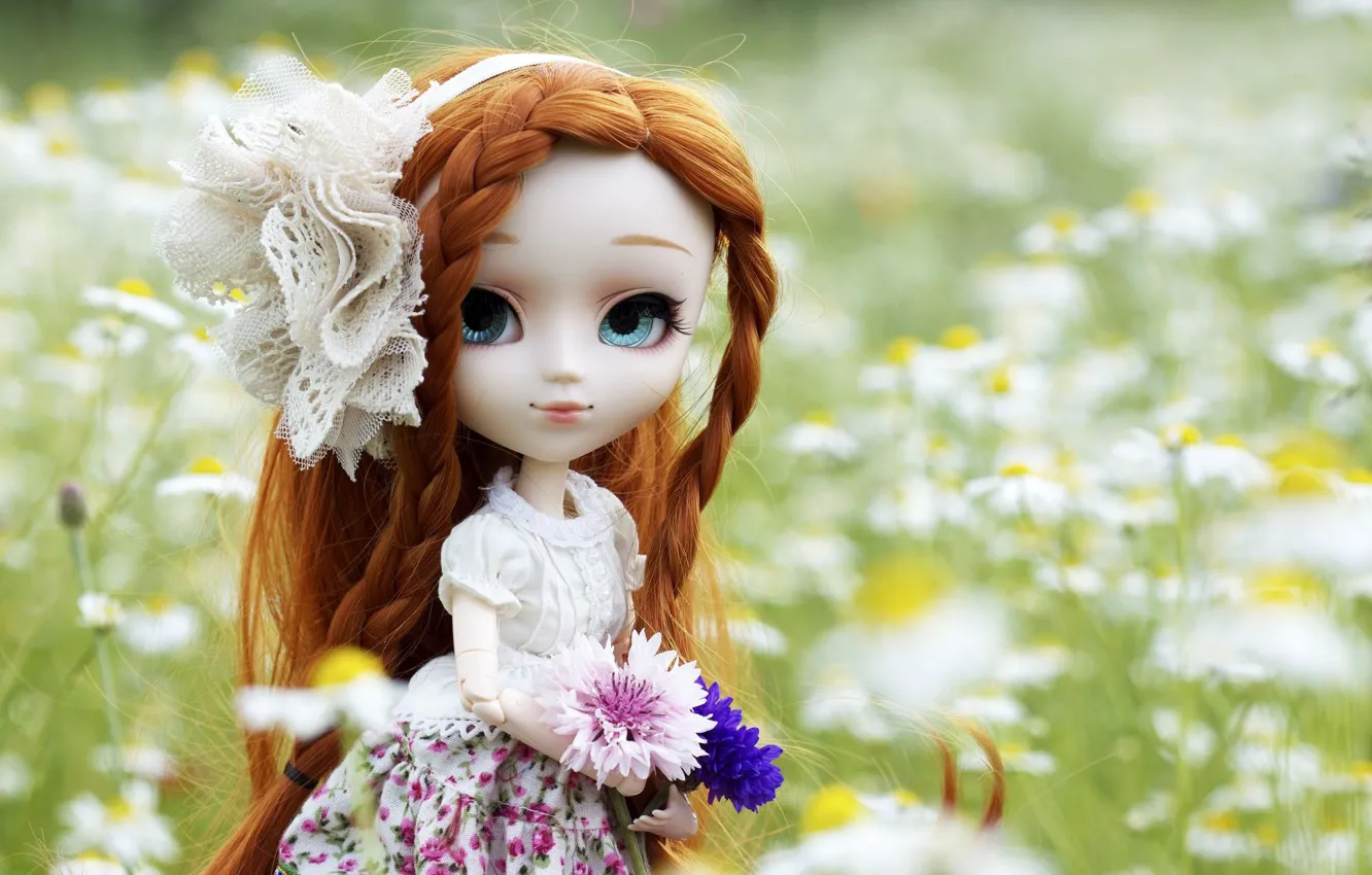 Фото обои цветы, природа, игрушка, кукла, платье, рыжая, бант, косы