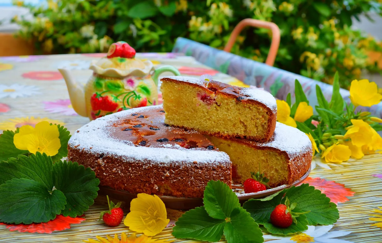 Фото обои Клубника, Цветочки, Strawberry, Пирог