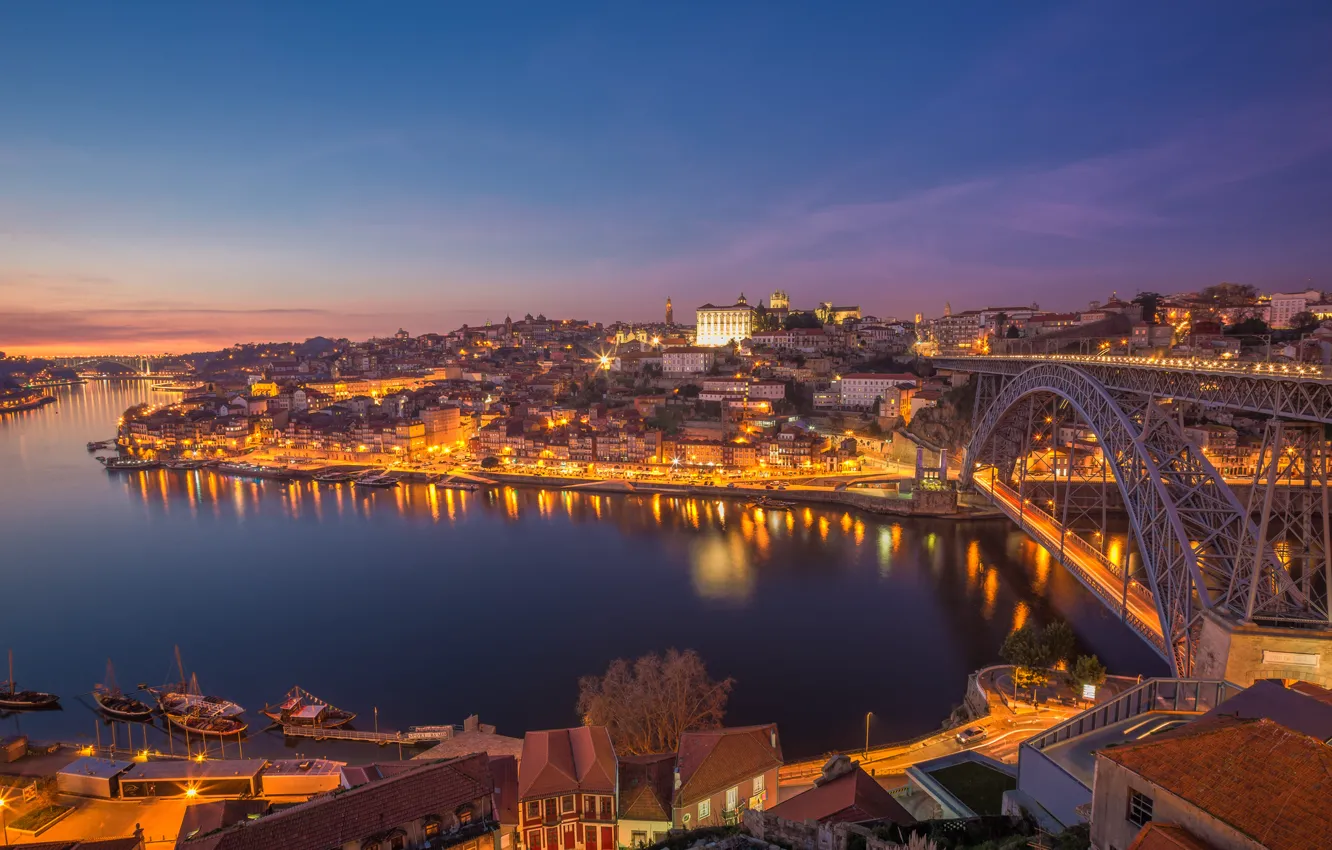 Фото обои мост, город, огни, река, рассвет, Portugal, Porto