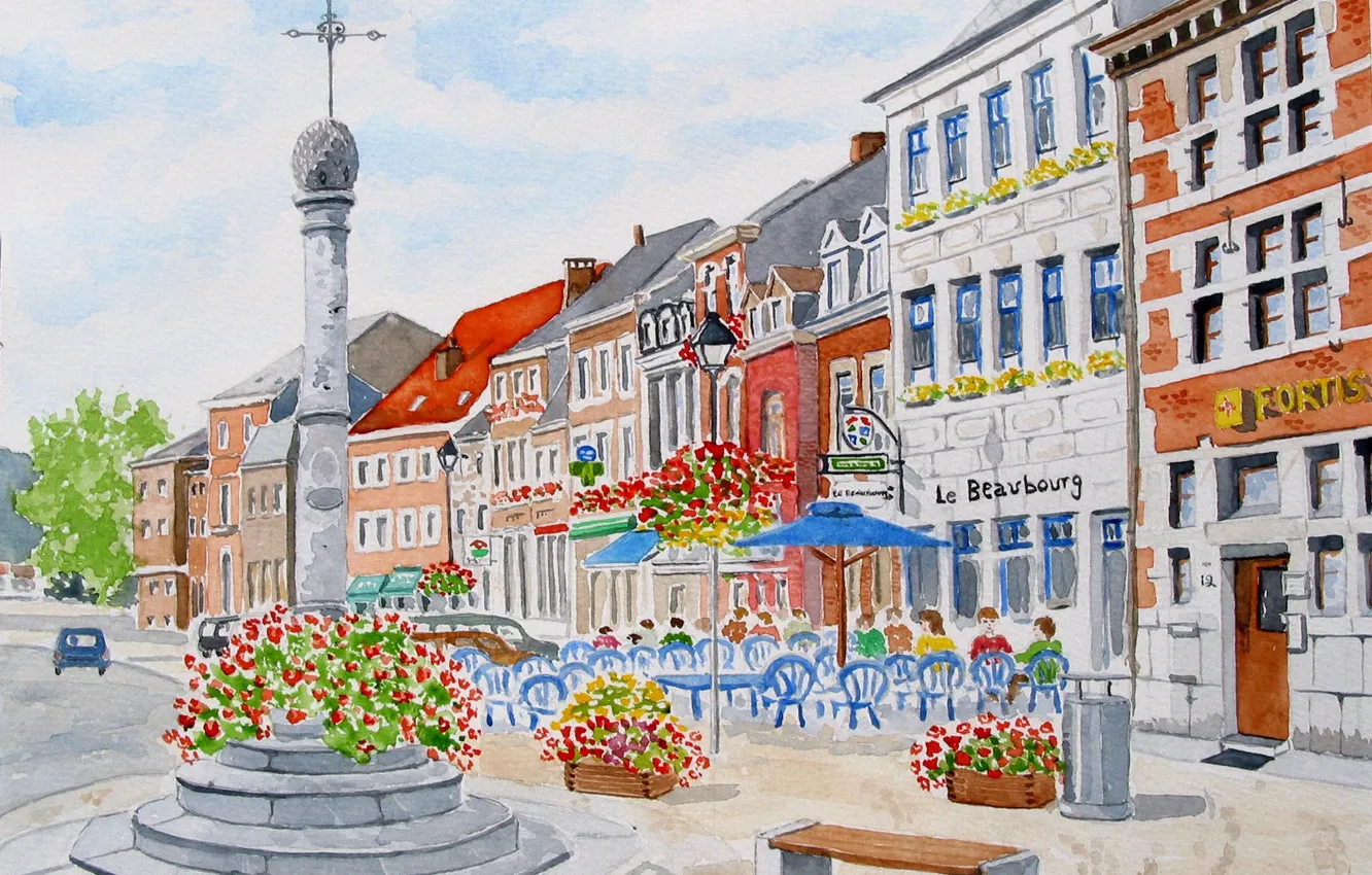 Фото обои рисунок, акварель, Бельгия, городской пейзаж