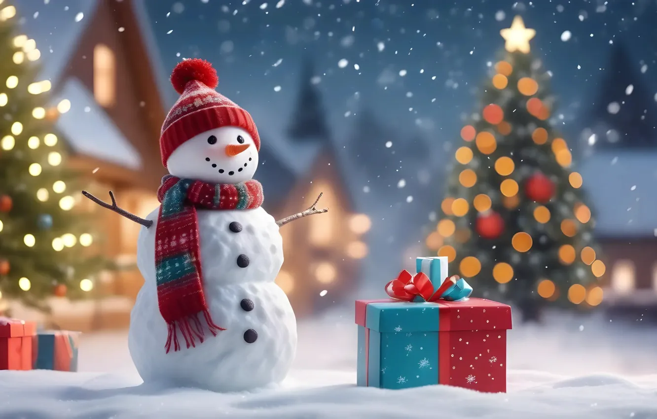 Фото обои зима, снег, снежинки, елка, Новый Год, Рождество, снеговик, happy