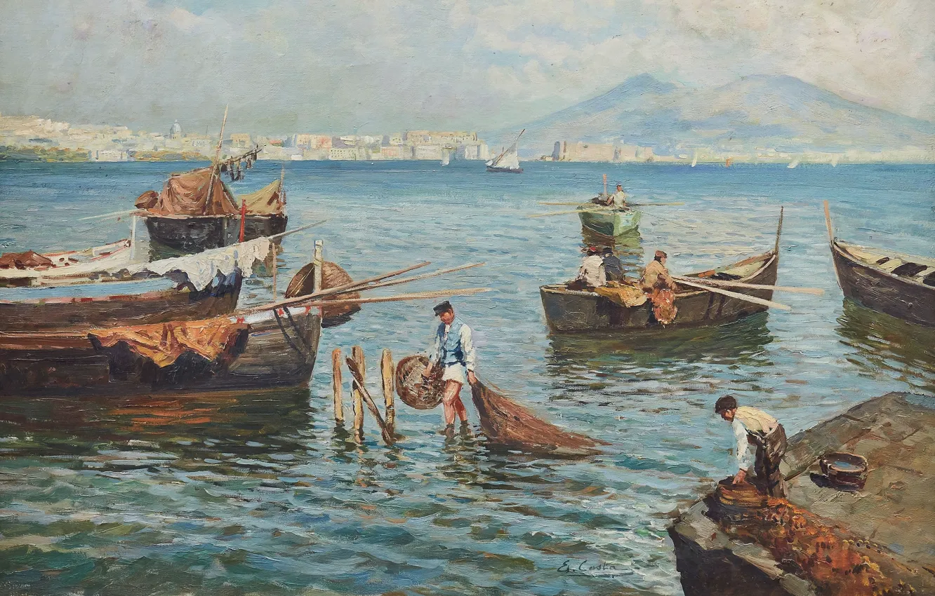 Фото обои французский живописец, French painter, oil on canvas, Вид на Неаполь и Везувий, View of Naples …