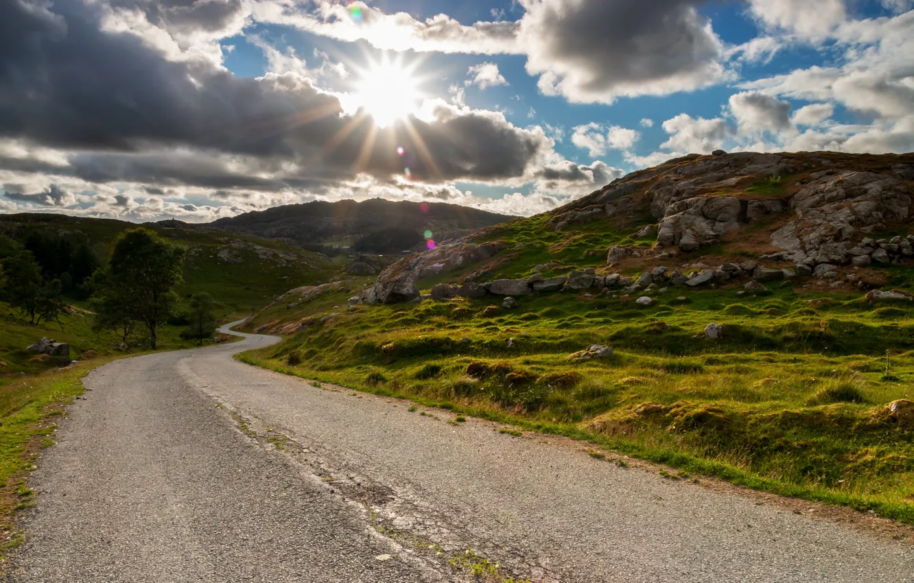 Фото обои дорога, небо, солнце, облака, Норвегия