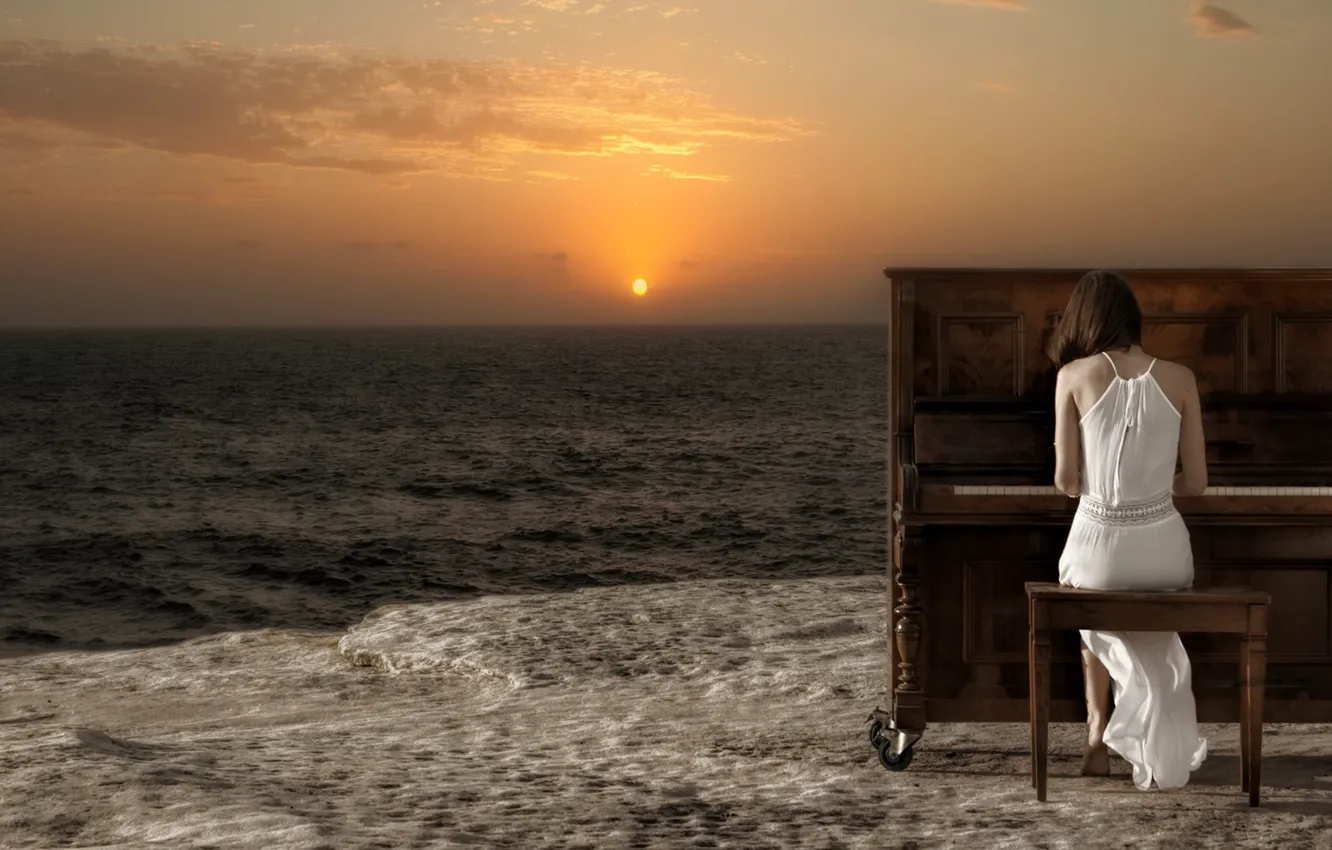 Фото обои море, музыка, берег, пианино