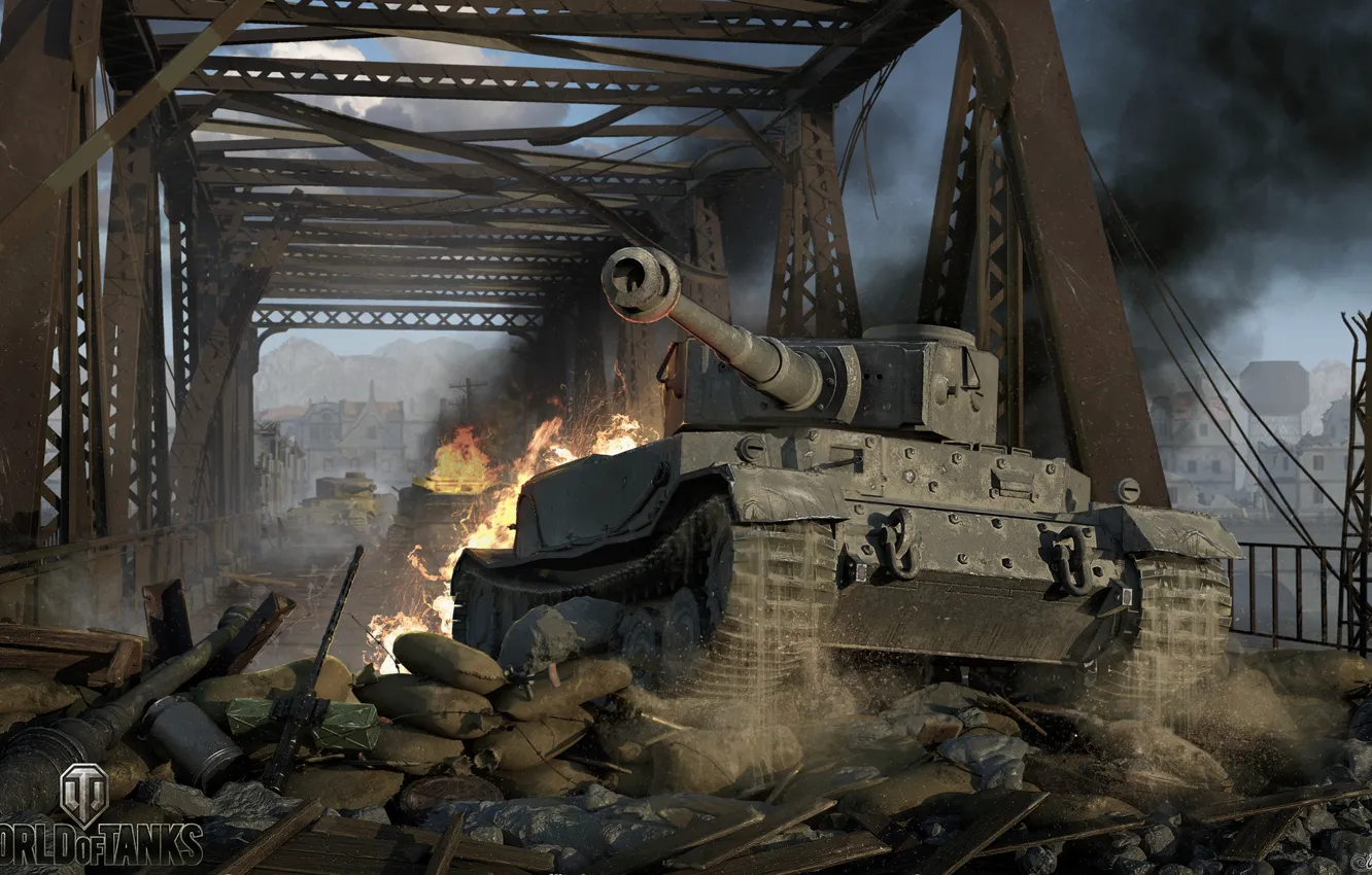 Фото обои мост, мешки, танки, World of Tanks, PZ.VI Tiger P