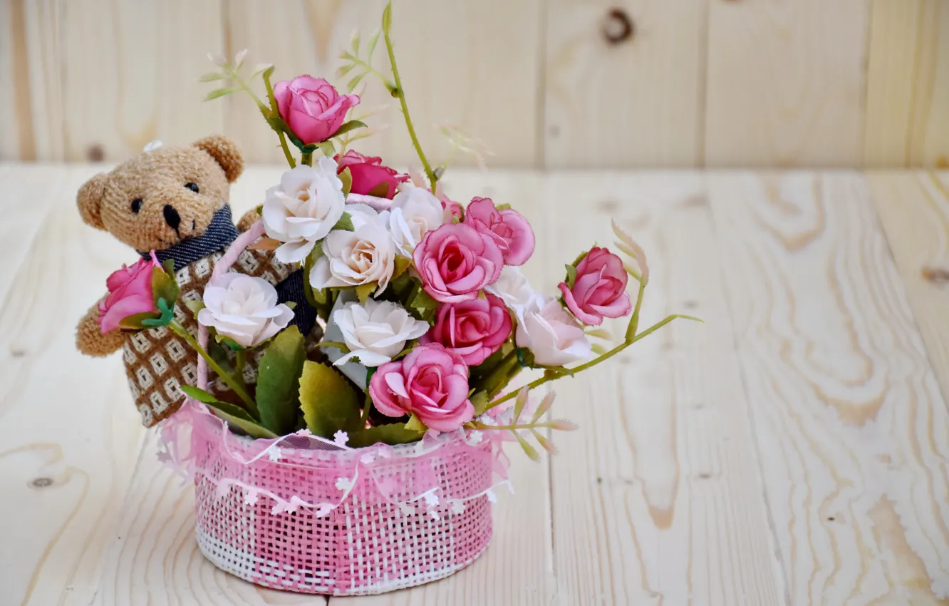 Фото обои любовь, цветы, розы, букет, love, bear, wood, pink