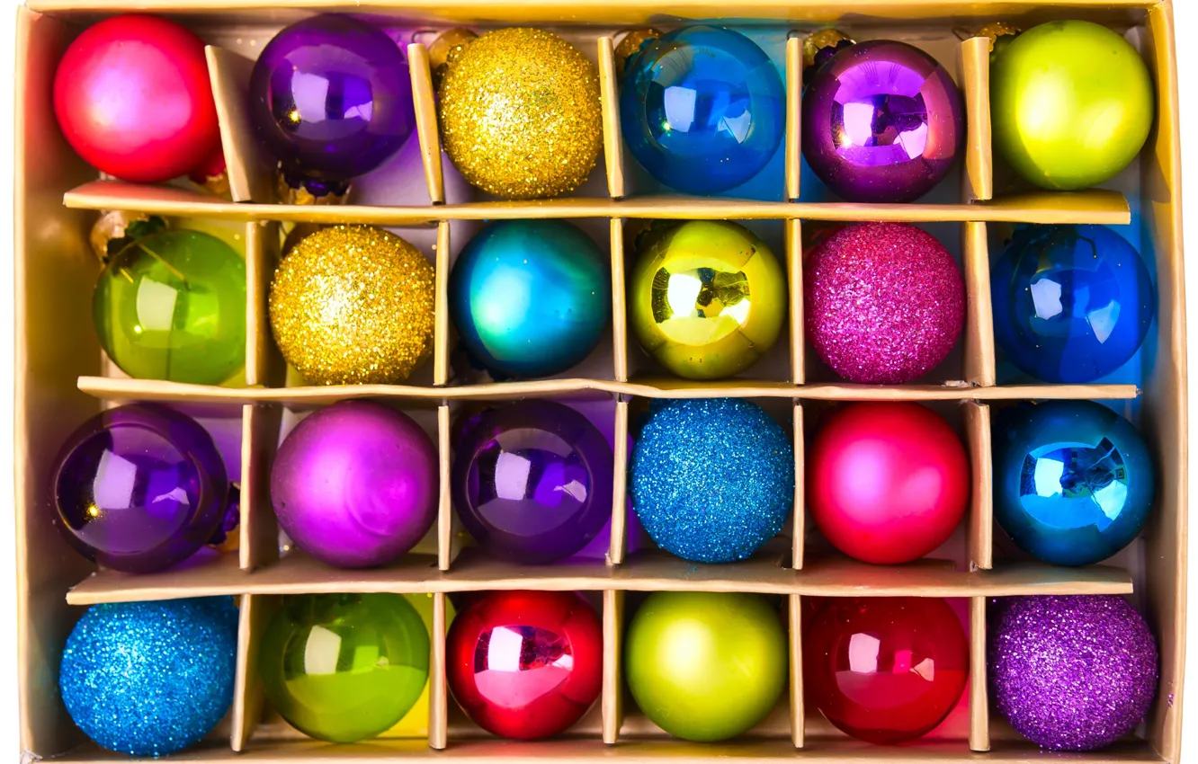 Фото обои украшения, коробка, шары, игрушки, Новый Год, Рождество, Christmas, разноцветные