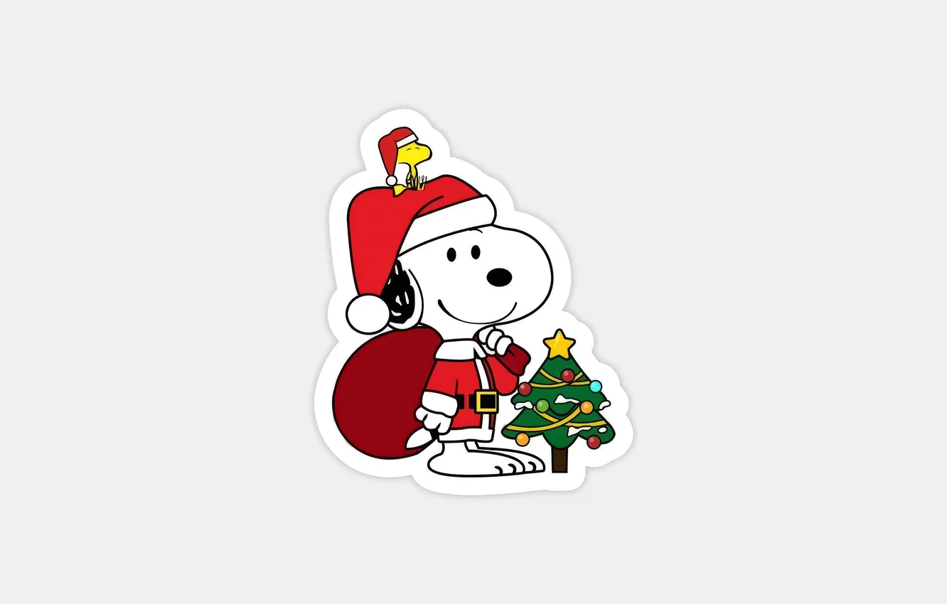 Фото обои Рождество, белый фон, Christmas, New Year, Новый год, Праздник, Holiday, Snoopy and Woodstock dressed as …